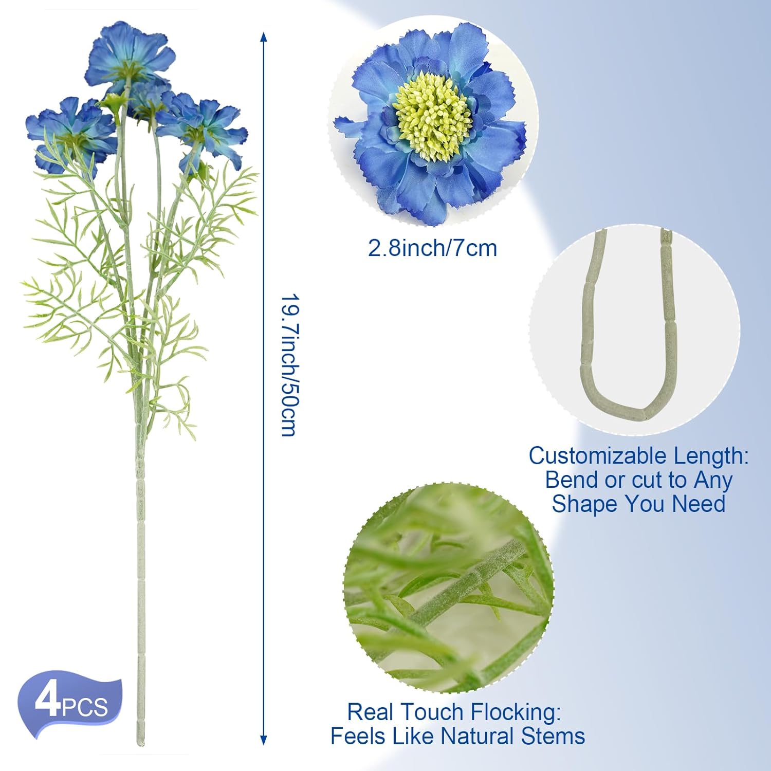 Artificial Scabiosa Flowers Long Stems, Realistic Silk Flowers Arrangement Fake Flowers Summer Bouquet For Home Decor Pack Of 4 (Blue)