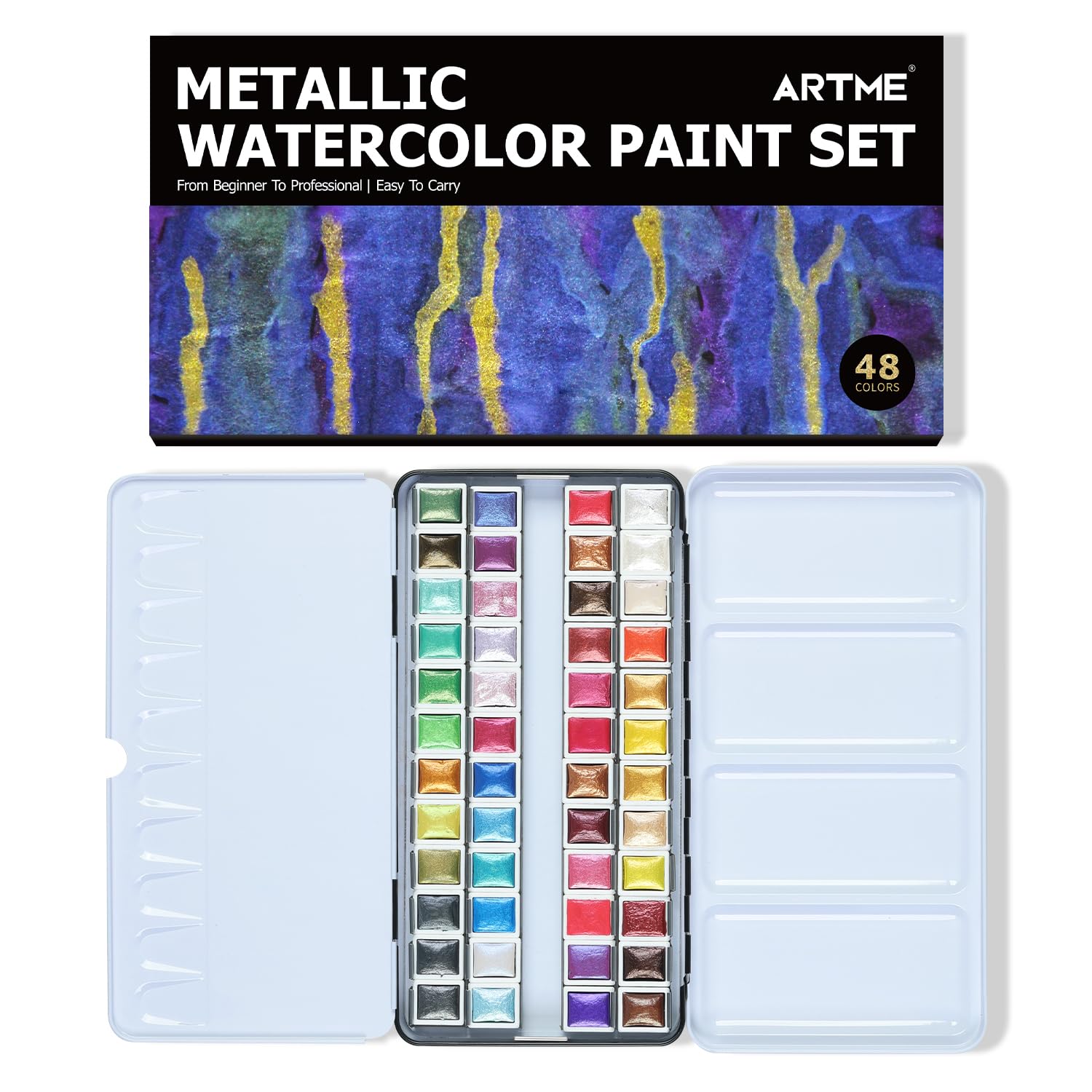 Metallic Watercolor Paint Set – 48 Glitter Colors In A Metal Case With Palette Perfect For Artists, Hobbyists, Students, Beginners