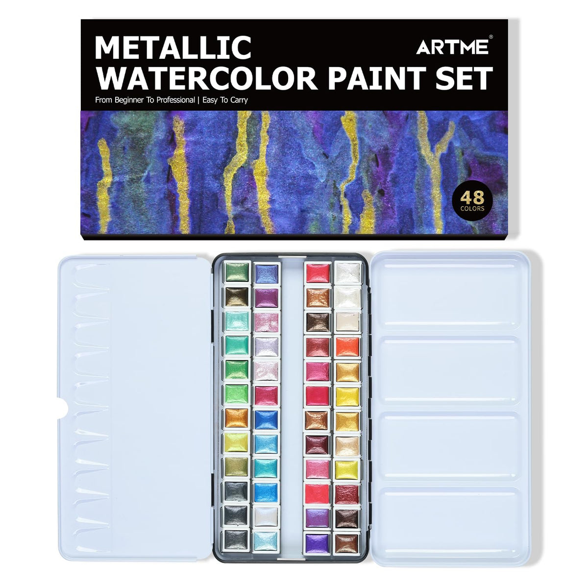 Metallic Watercolor Paint Set – 48 Glitter Colors In A Metal Case With Palette Perfect For Artists, Hobbyists, Students, Beginners