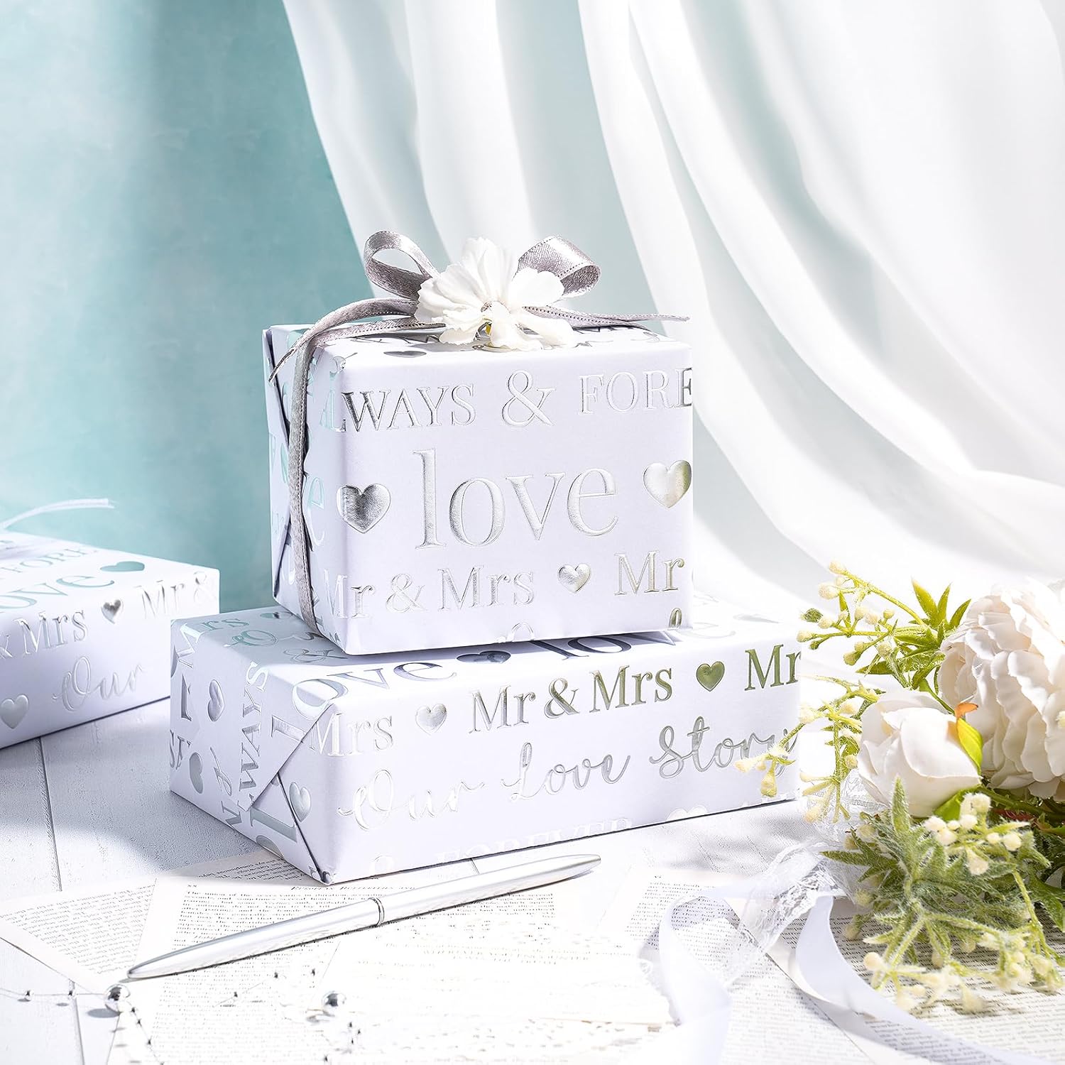 Wedding Wrapping Paper, Mini Roll, Silvery Gold Foil Love Design, Perfect For Wedding, Bridal Shower, Anniversary, Engagement, 17 Inches X 16.5 Feet