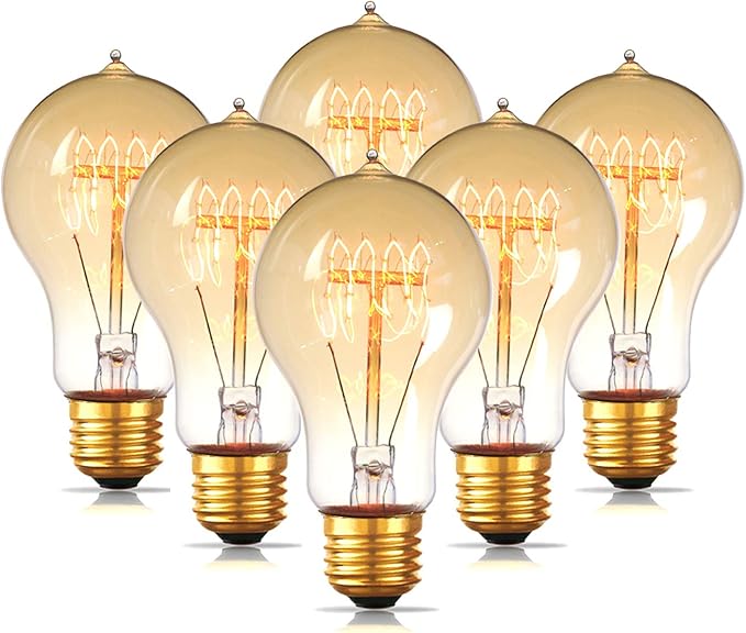 6-Pack Edison Light Bulbs 60W A19 Vintage Antique E26 Dimmable Incandescent Amber Warm White