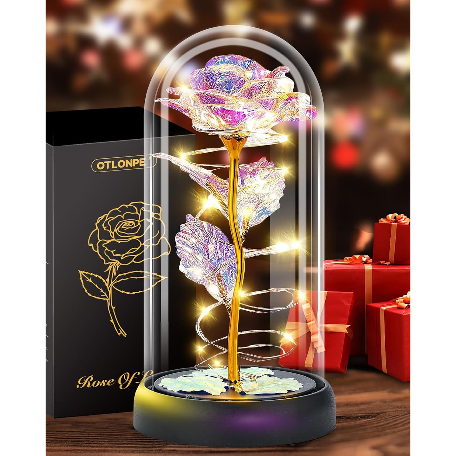Valentines Day Flower Gifts For Her, Preserved Forever Glass Light Up Rose Gifts For Wife Girlfriend Women Mom Grandma Daughter Sister, Mothers Day Christmas Birthday Womens Gift (Colorful)