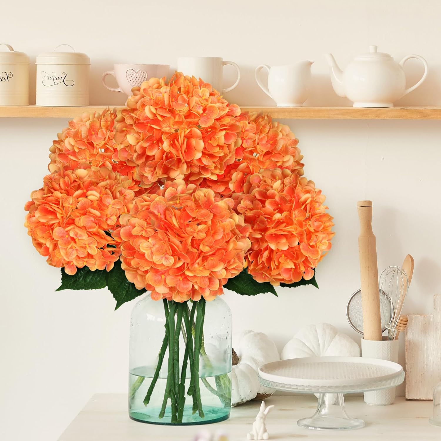 8 Pcs Hydrangea Artificial Flowers 21" Orange Silk Fake Flowers Bouquet With Stems Faux Latex Floral Bulk Bouquet For Home Wedding Arrangement Party Baby Shower Table Centerpieces Decoration