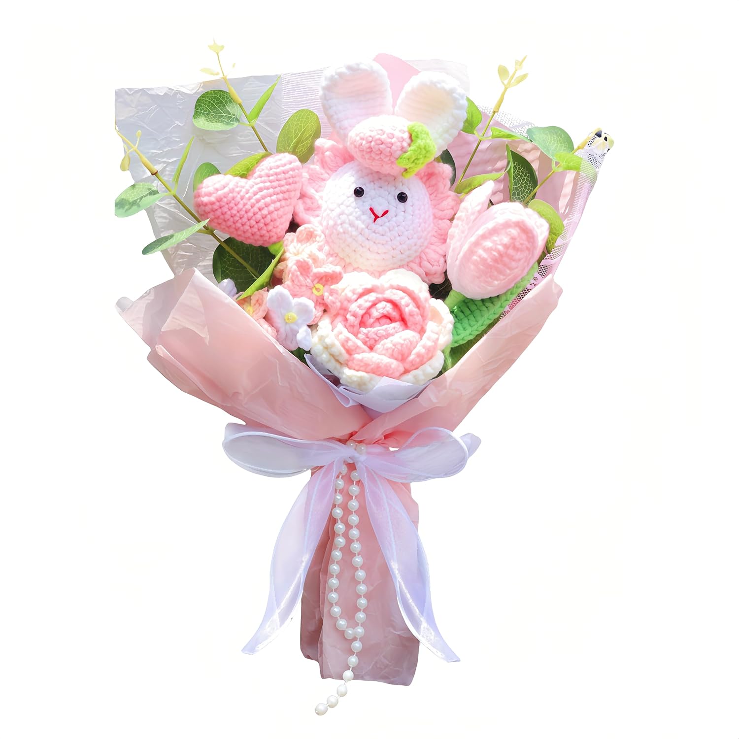 Crochet Flowers Bouquet,Knitted Bunny Sunflower Rose Bouquet Pink,Cute Handmade Flowers Gift For Lover Anniversary Birthday Party Mother'S Day Graduation