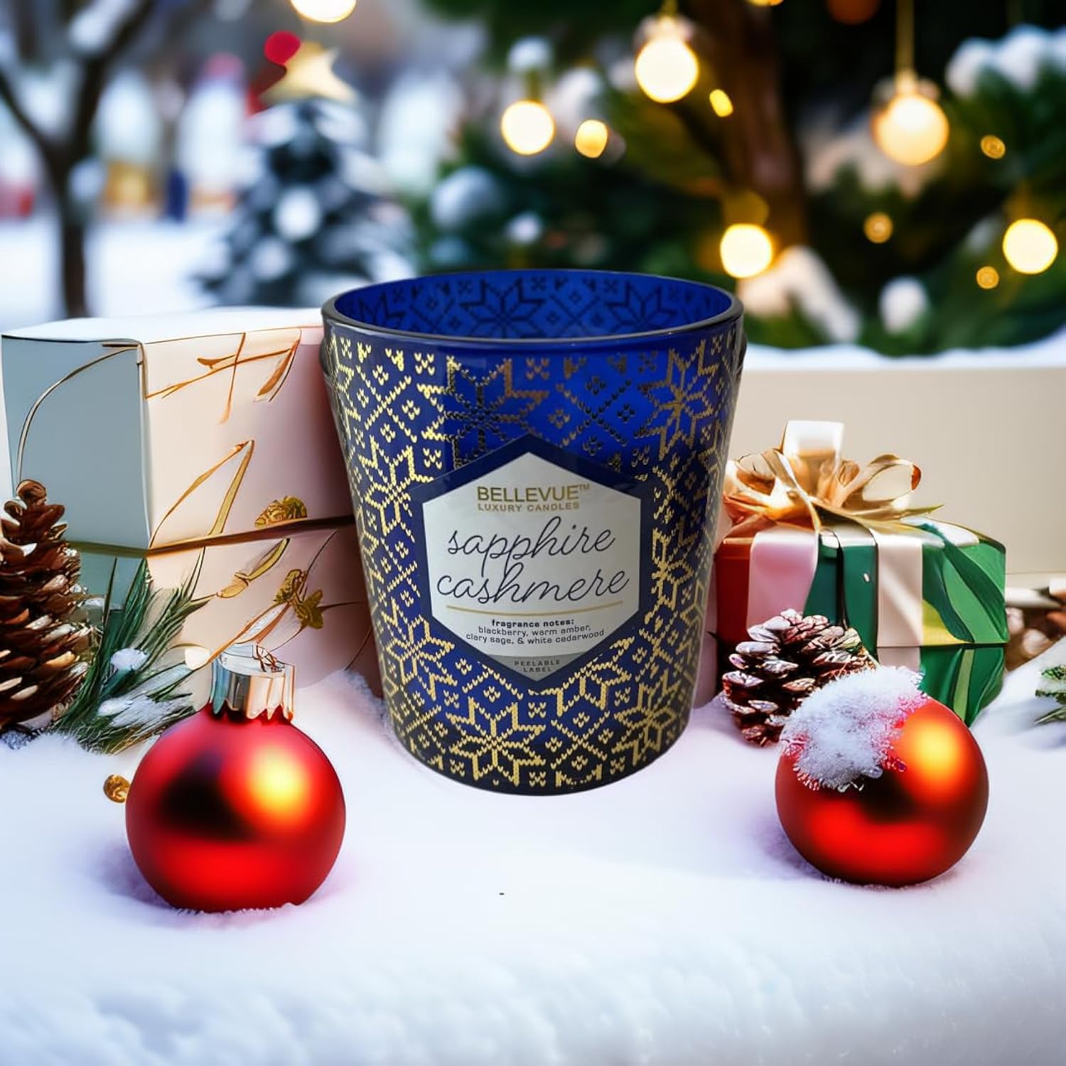 Bellevue Luxury Candles, 12 Oz Fragranced Candle, Soy Blend Wax, Essential Oils, Long-Lasting Burn, Home Fragrances, Aromatherapy Home Scented Candles Scent Sapphire Cashmere
