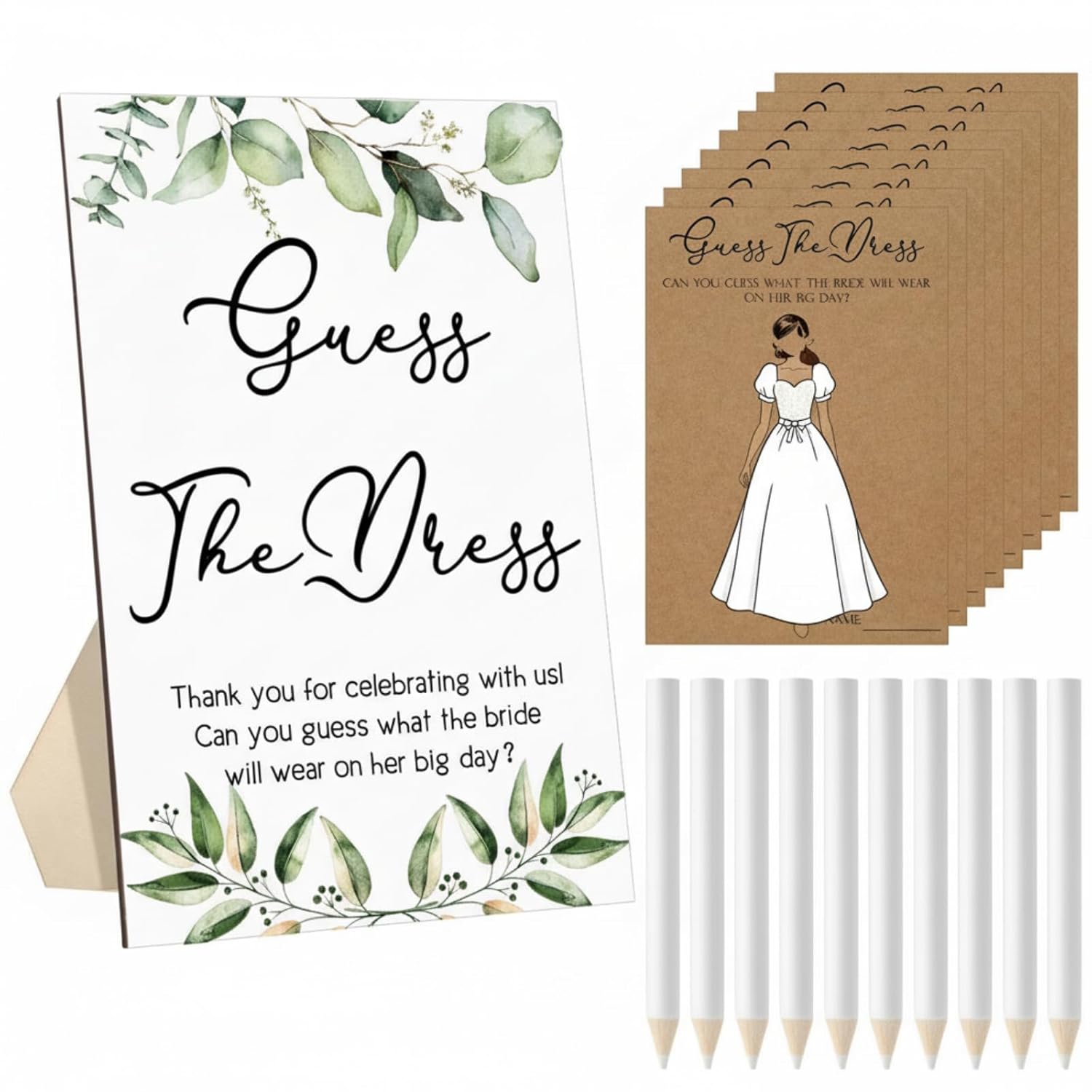 50 Sets Guess The Dress Bridal Shower Game Wooden Sign Fun Bridal Shower Games Table Sign 50 Small Guessing Cards 50 Pencils For Guests Wedding Bachelorette Party Supplies(Green Leaves)