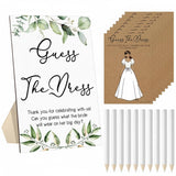 50 Sets Guess The Dress Bridal Shower Game Wooden Sign Fun Bridal Shower Games Table Sign 50 Small Guessing Cards 50 Pencils For Guests Wedding Bachelorette Party Supplies(Green Leaves)