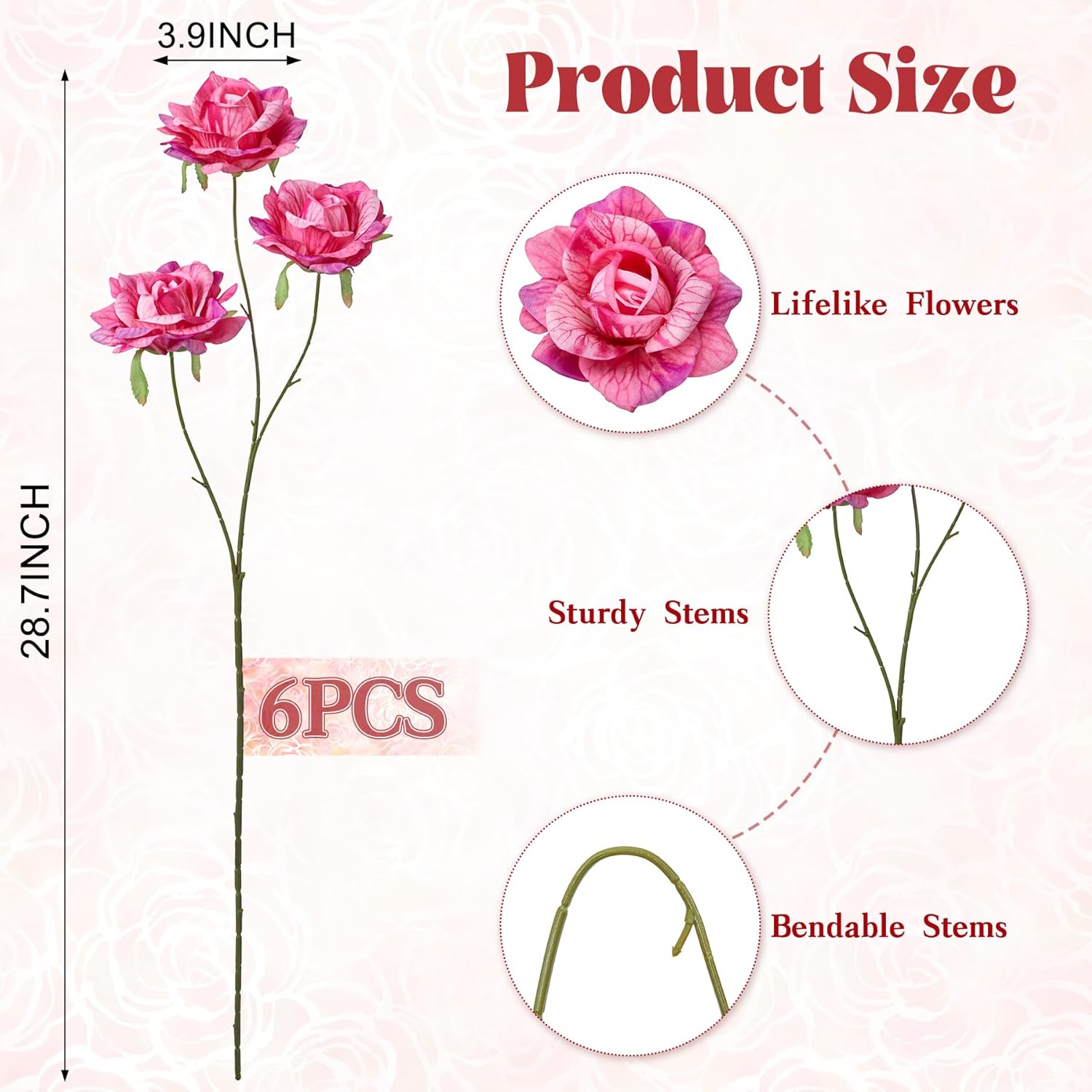 Artificial Flowers Fake Roses, 6Pcs 28" Long Stem Silk Roses For Wedding Centerpieces Home Party Valentine'S Day Decor, Realistic Faux Bouquet For Tall Vase Indoor (Fuchsia)