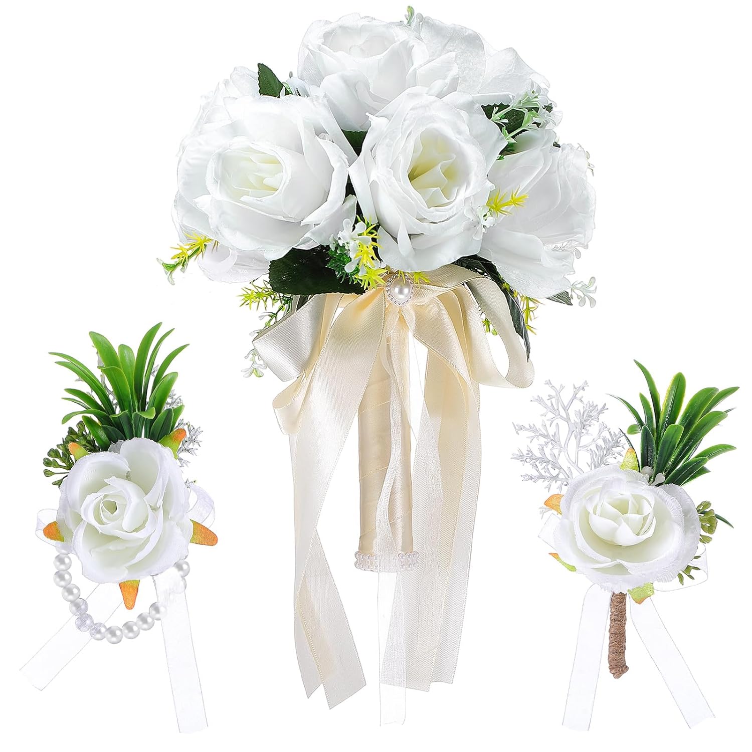 Wedding Bouquets For Bride Bridesmaid With Corsage And Boutonniere Set, 9.45 Inch White Artificial Roses Flowers Bridal Bouquet With Pearl Accents For Wedding Church Decoration Ceremony