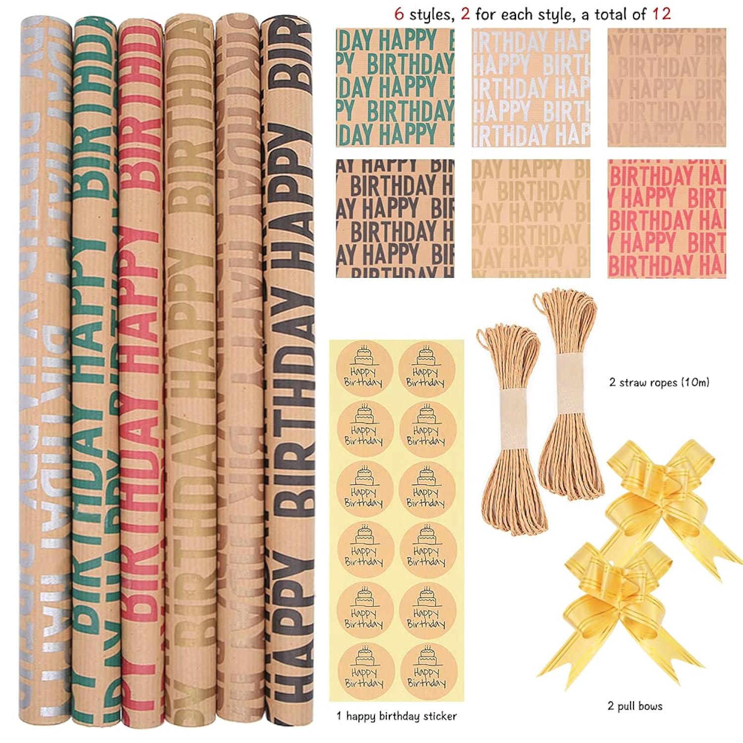 Happy Birthday Wrapping Paper For Boys Men Women Girls Kids,Recycled Gift Wrapping Paper, 20 X 28 Inches Per Sheet (12 Sheets: 47 Sq. Ft. Ttl.) Brown Kraft Folded Paper With Jute Strings, Stickers And Bows For Birthday Occasions