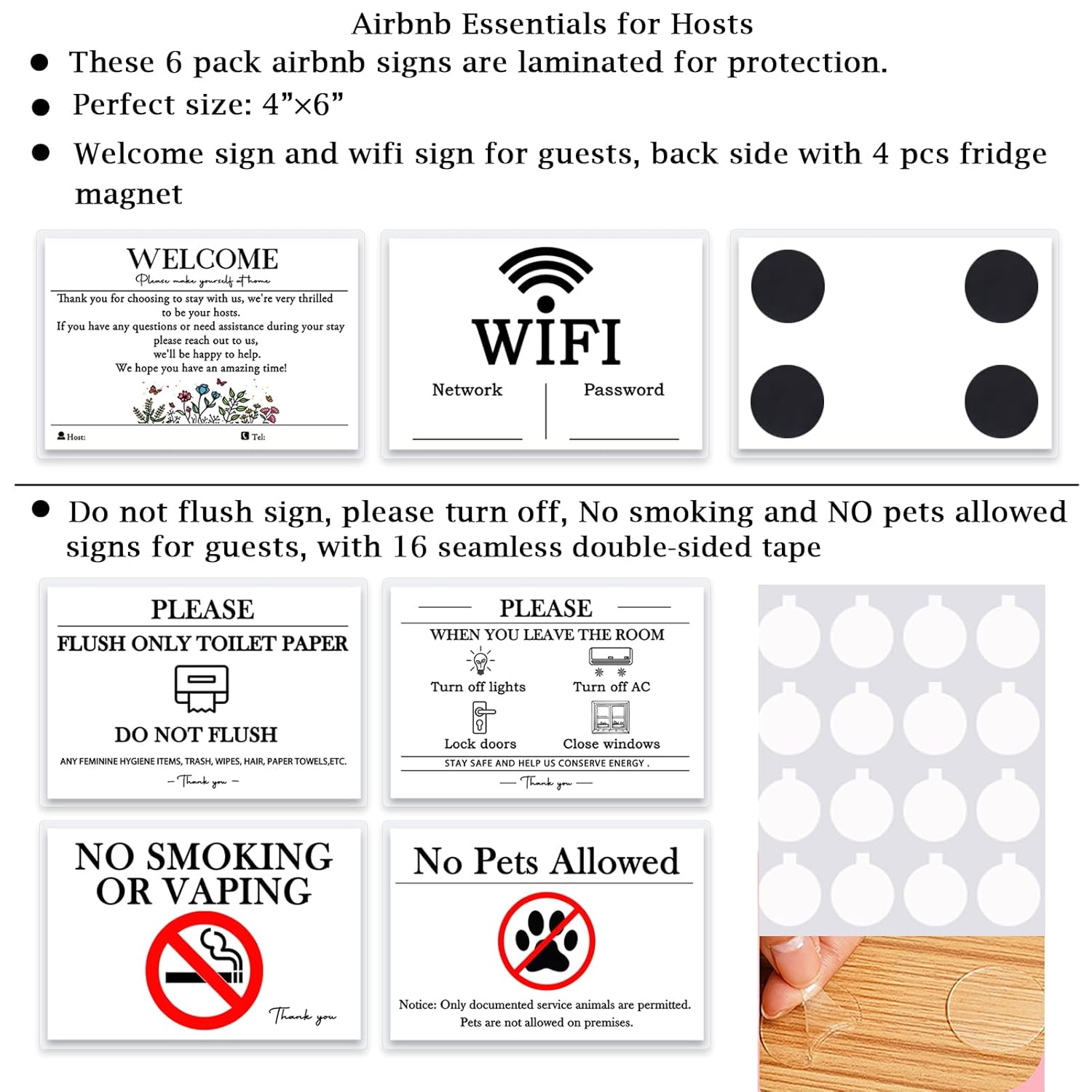 6 Essentials Air Bnb Vacation Rental Hosts, 4"×6" Laminated Signs Bundle For Hosts Guest, Welcome Book Wifi Password With Magnetic Attachment, Do Not Flush Turn Off No Pets No Smoking, House Rules