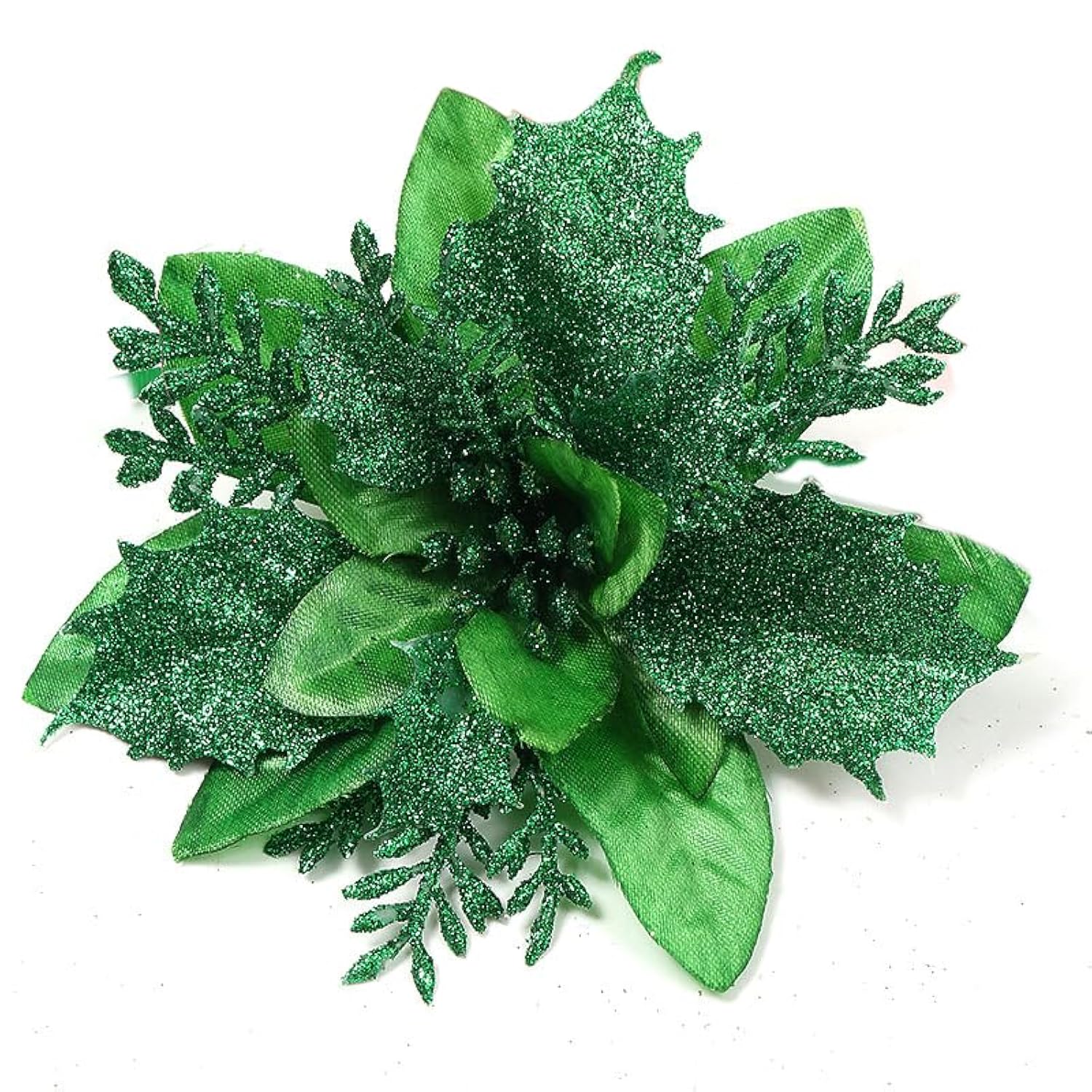12Pcs Silk Shinning Sprakled Glitter Poinsettia Artificial Flower For Xmas Tree Christmas Decorations(Green,6 Inch)