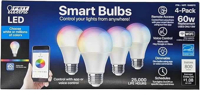 A19 Smart Color Changing LED Bulb 4 Pack 9W 60W Replacement E26 Works with Alexa Google