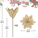 6Pcs Glitter Christmas Flowers 12 Inch Large Velvet Poinsettia Artificial Christmas Flowers Velvet Poinsettia Floral Picks Stems For Xmas Tree Decorations Wreaths Garland Wedding - Champagne