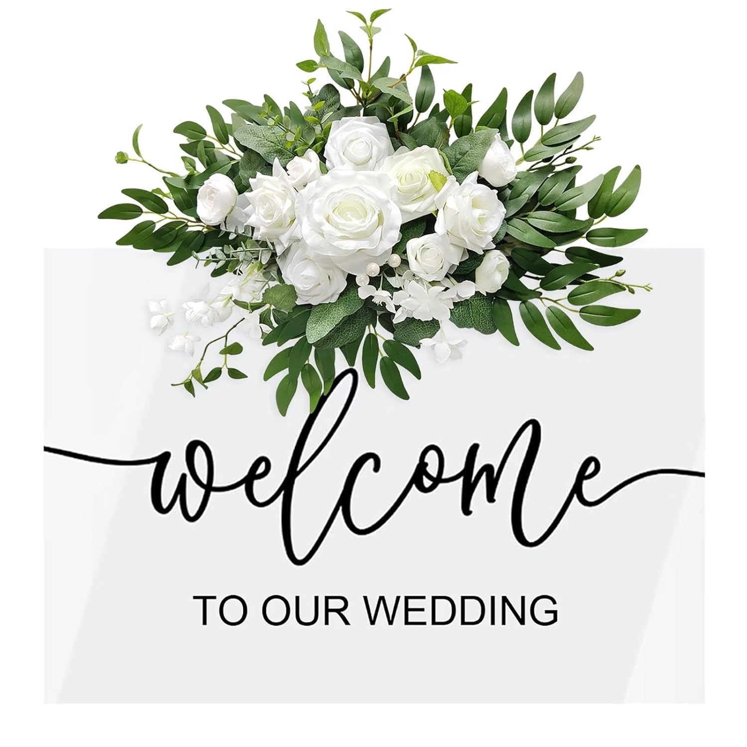 Artificial Flower Swag, Wedding Sign Flowers White Rose Flower Arrangements For Wedding Ceremony Reception Entrance Welcome Board Sign Floral Decor