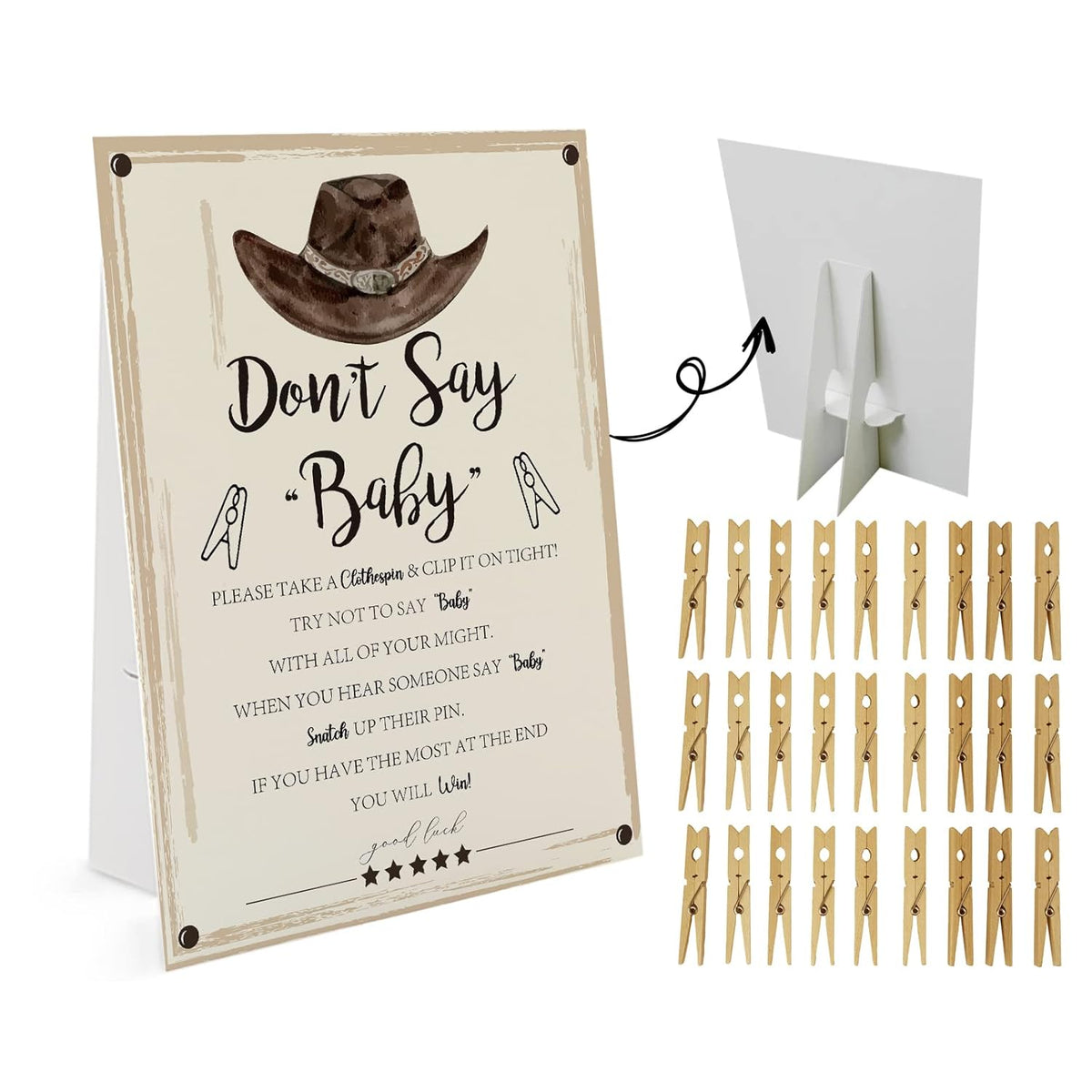 Cowboy Don'T Say Baby Game ?1 Sign And 50 Mini Natural Clothespins?Don'T Say Baby Baby Shower Game, Baby Shower Decorations, Baby Shower Games Gender Neutral, Rustic Country Western Baby Shower (Ds13)