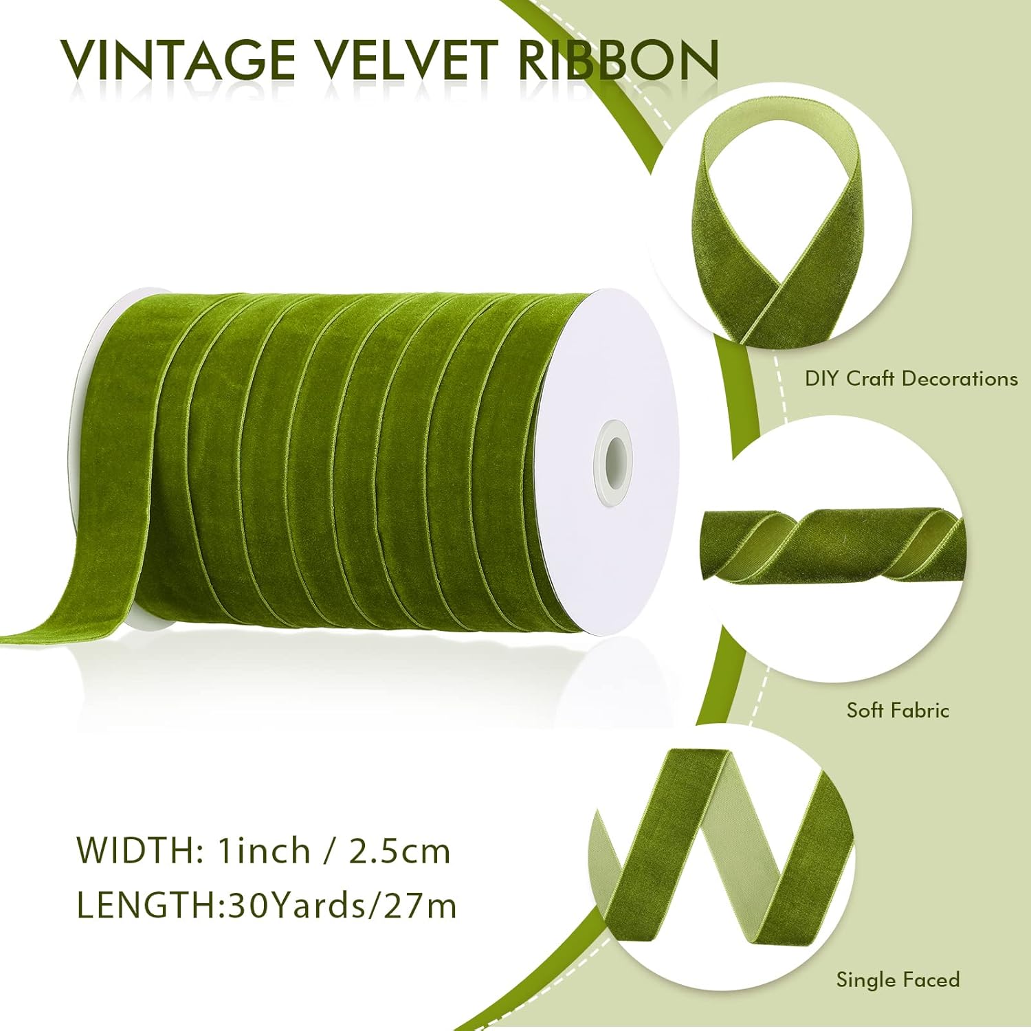 1 Inch, 30 Yard Christmas Olive Green Velvet Ribbon Wide Vintage Velvet Ribbons For Christmas Tree Ornaments Flower Bouquets Baby Shower Wedding Wreath Bow Making Diy Craft Choker