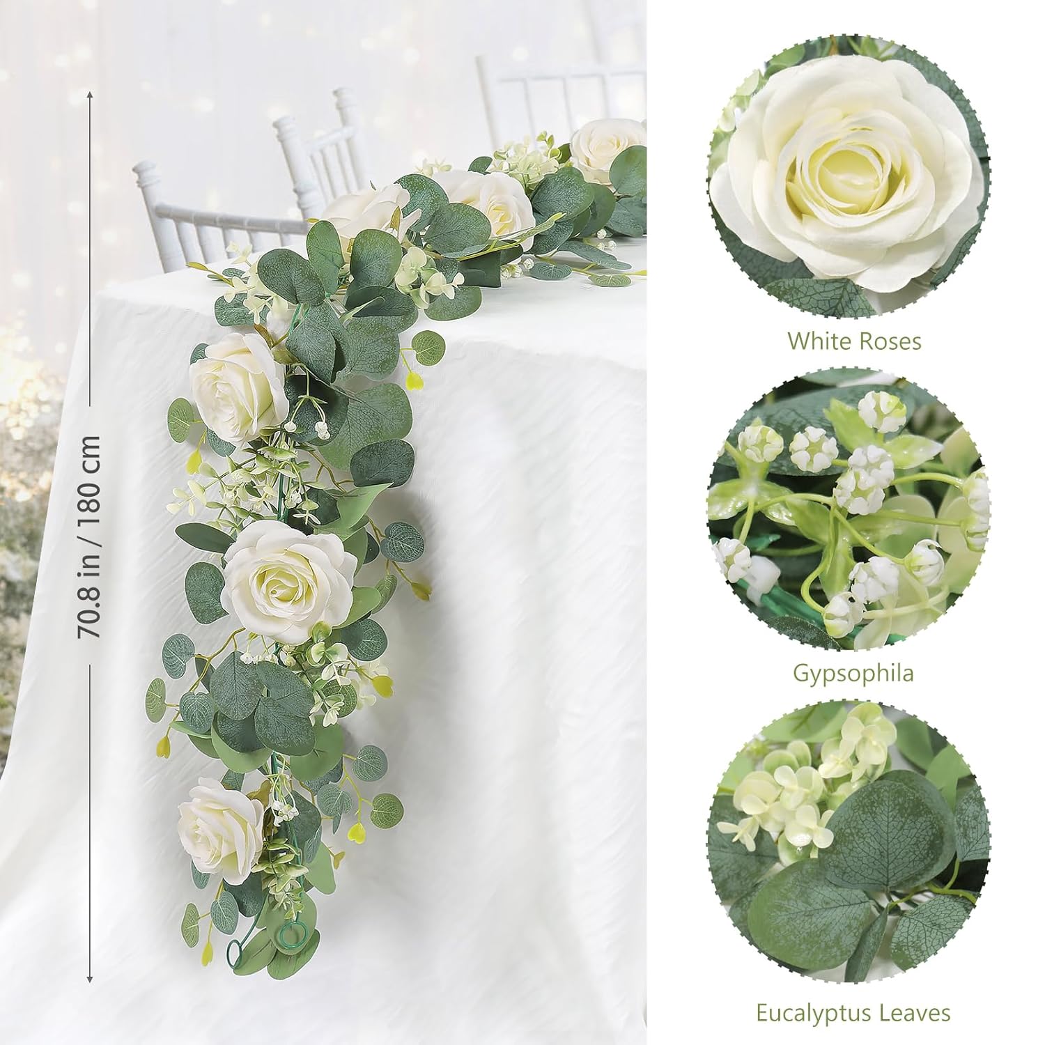 2Pcs(13 Ft) Artificial Eucalyptus Flower Garland With White Rose Flowers,Faux Rose Vine Gypsophila Greenery For Home Party Wedding Table Decor (White, 2Pcs)