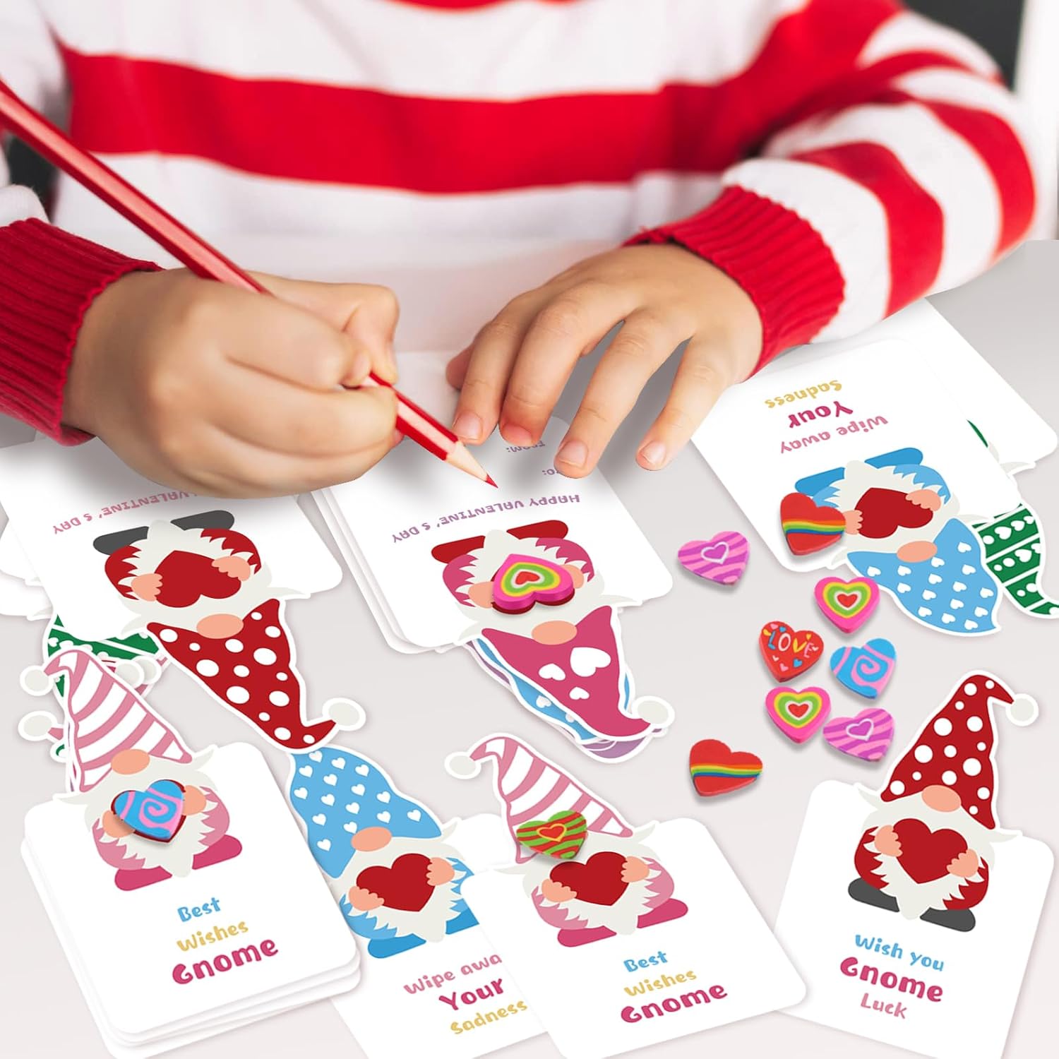 36 Valentines Day Cards - Gnomes Cards Heart Erasers With Valentine'S Day Exchange Card For Girls Boys School Classroom Greeting Gifts