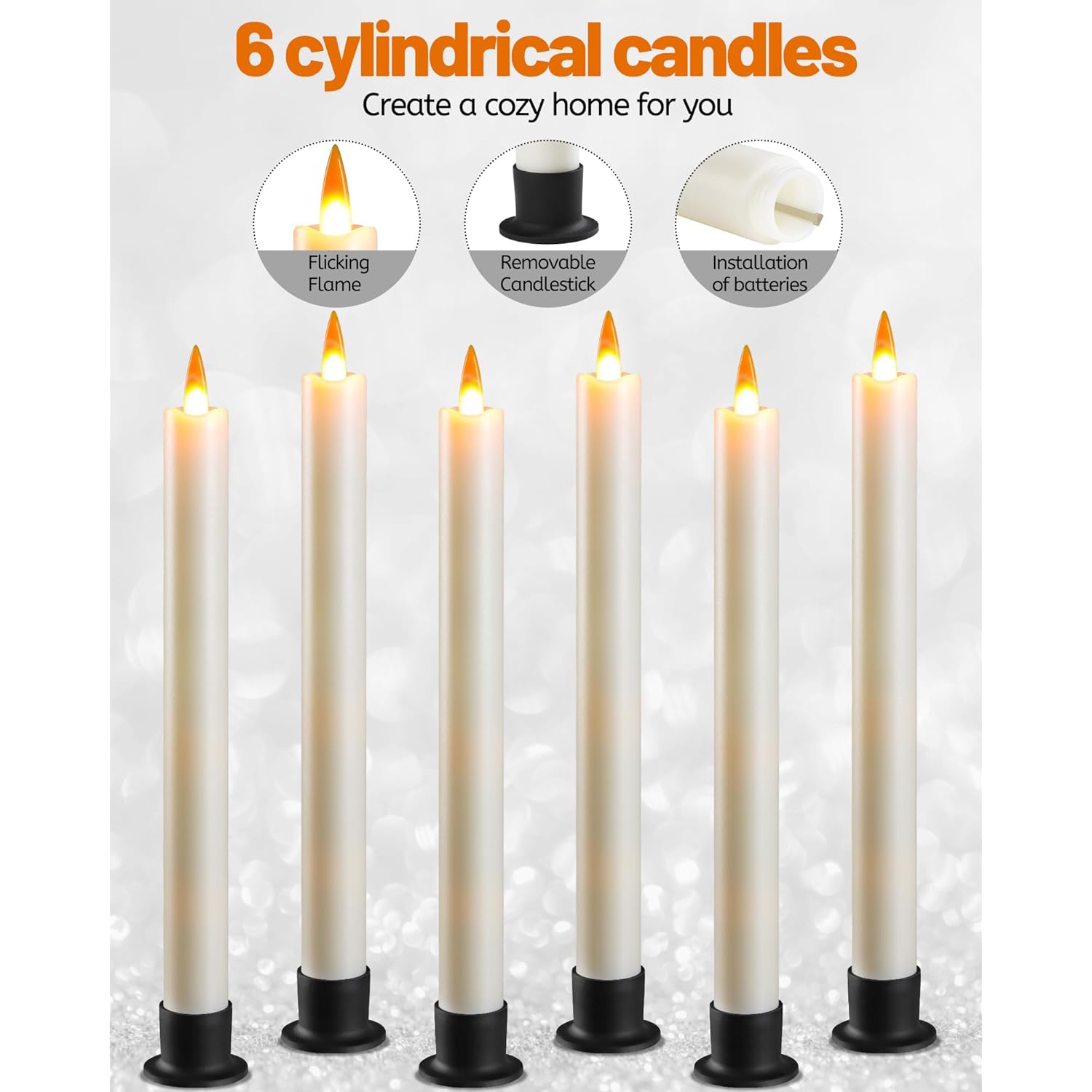 6 Flameless Window Candles With Remote Controller & Timer, Led Cone Stick Candle, Free 6 Black Bases, 9.6 Inch Battery Powered Christmas Candles For Home, Party, Holidays, Christmas Decoration