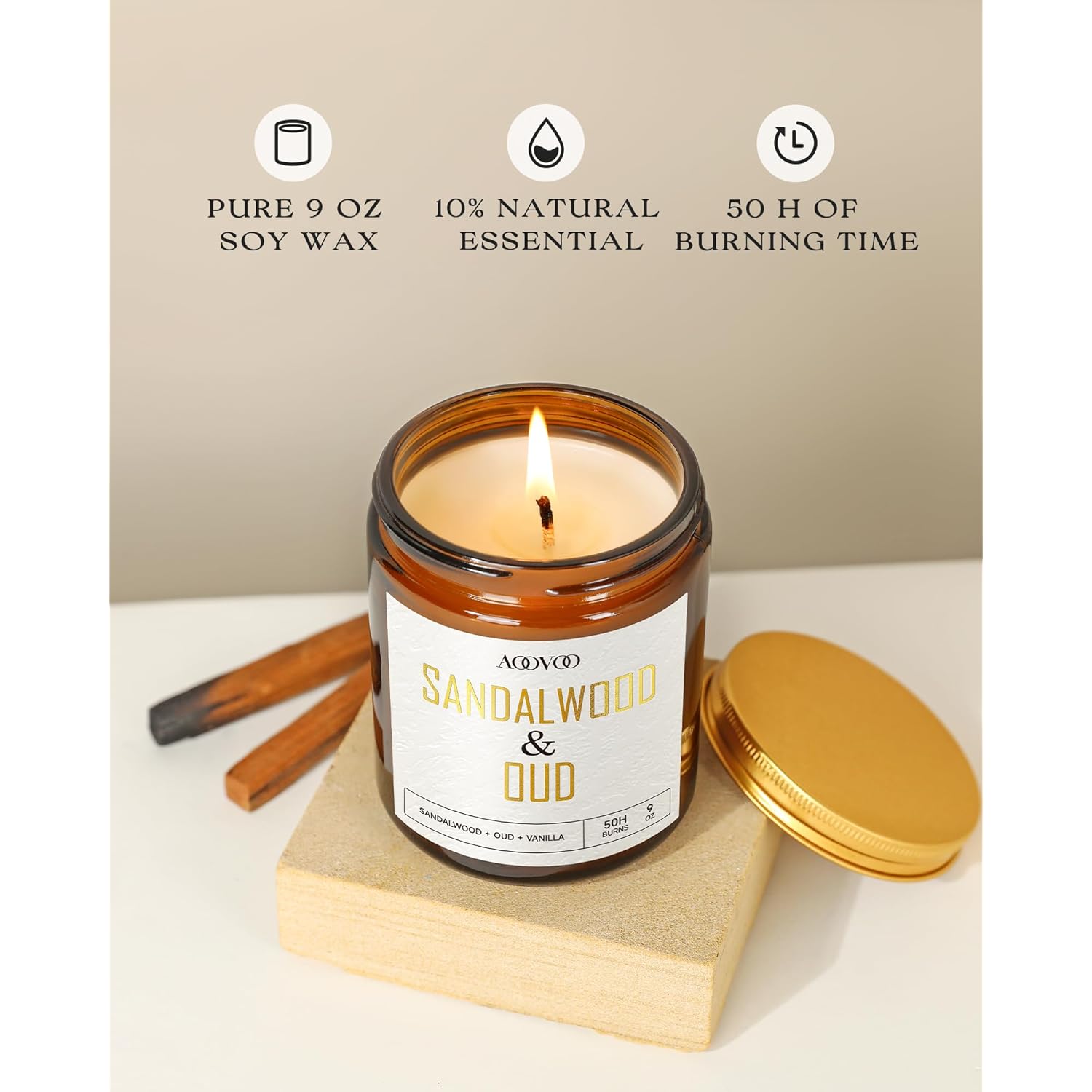 Sandalwood Oud Candle - Sandalwood Candle, Scented Candles, Soy Candles For Home Scented, 9Oz