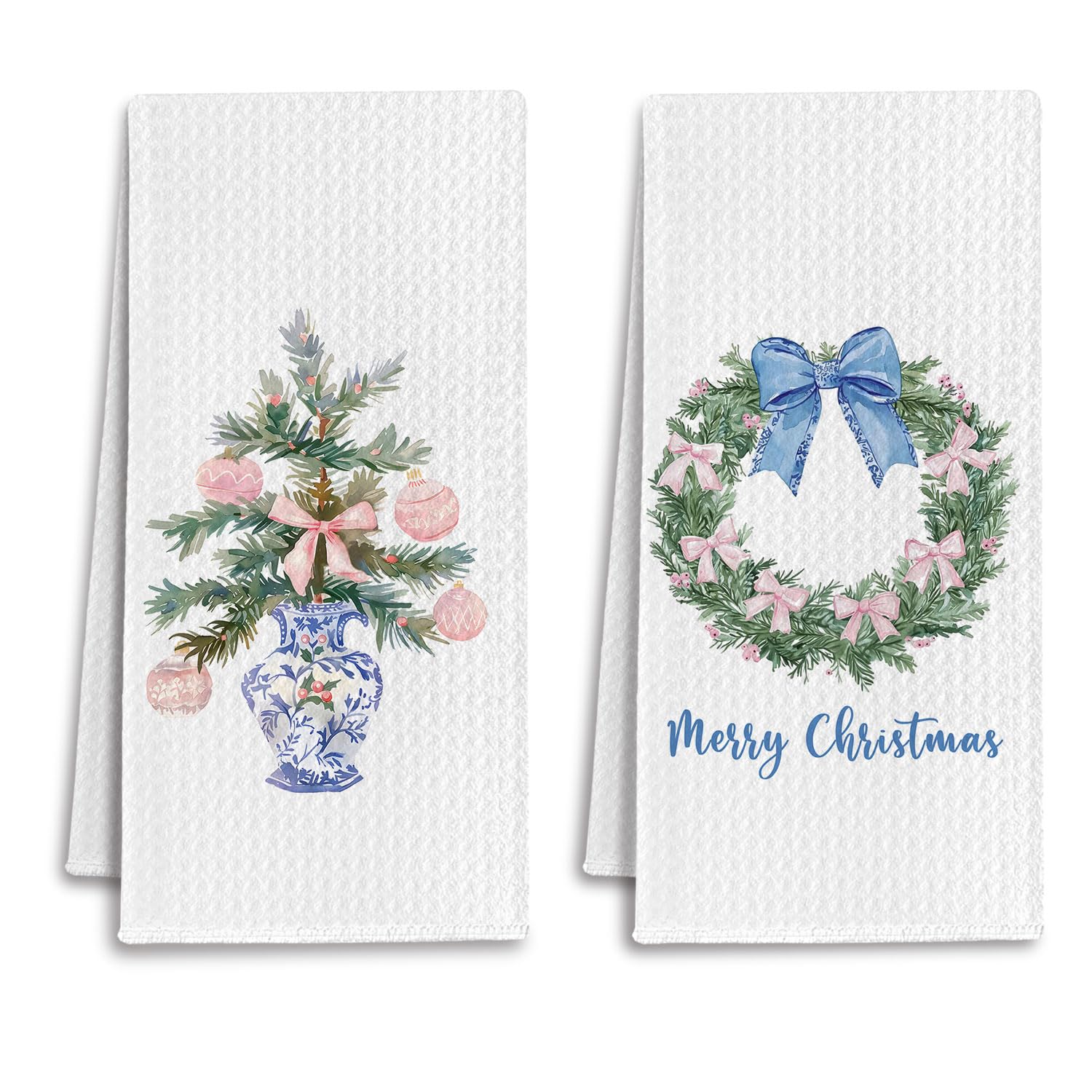 Coquette Bow Chinoiserie Christmas Tree Kitchen Towels, Grandmillennial Xmas Wreath Dish Tea Towels For Kitchen, Blue And Pink Xmas Decorative Hand Towel For Bathroom, 16X24 Inch Set Of 2