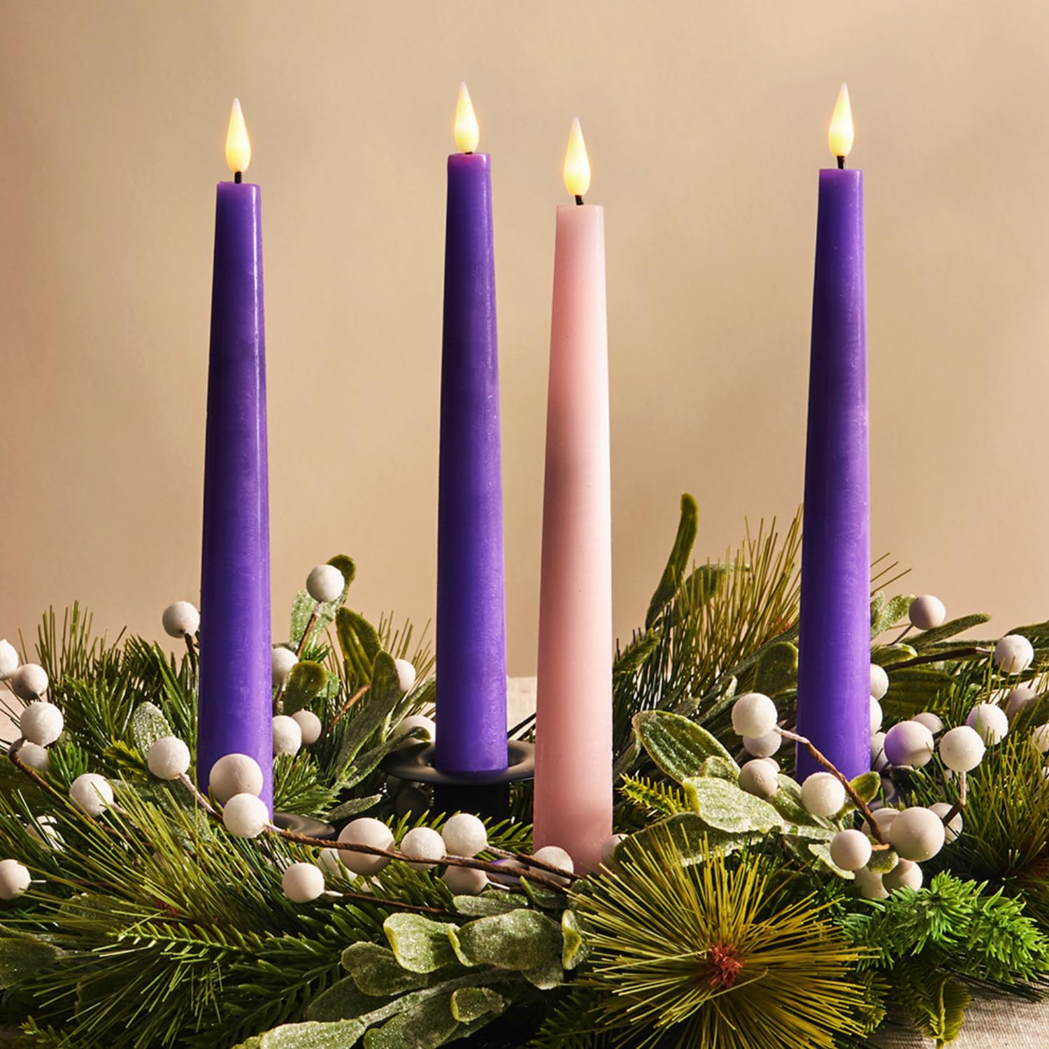 Battery Operated Advent Candles Set Of 4, 9 Inch Purple & Pink Flameless Candles, Flameless Taper Candles For Advent Wreath, Flickering Flameless Candles With Remote, Lent Decorations