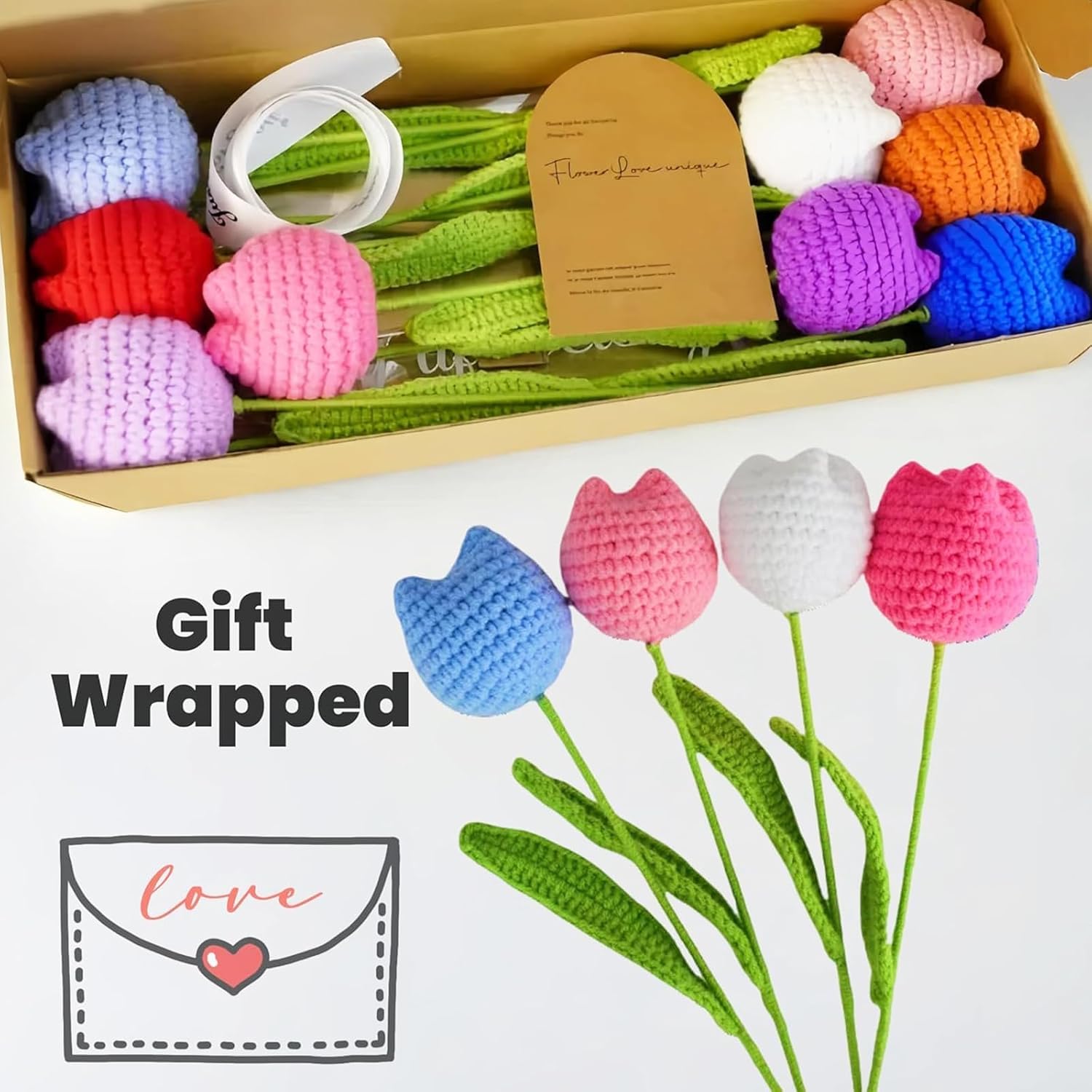 9Pc Crochet Tulips Bouquet, Knitted Flowers Set, Fake Artificial Tulip Flowers Bouquet, Table Centerpieces, Crochet Flower Gift For Women Friends Home Decoration Office Decor (9Pc Tulips)