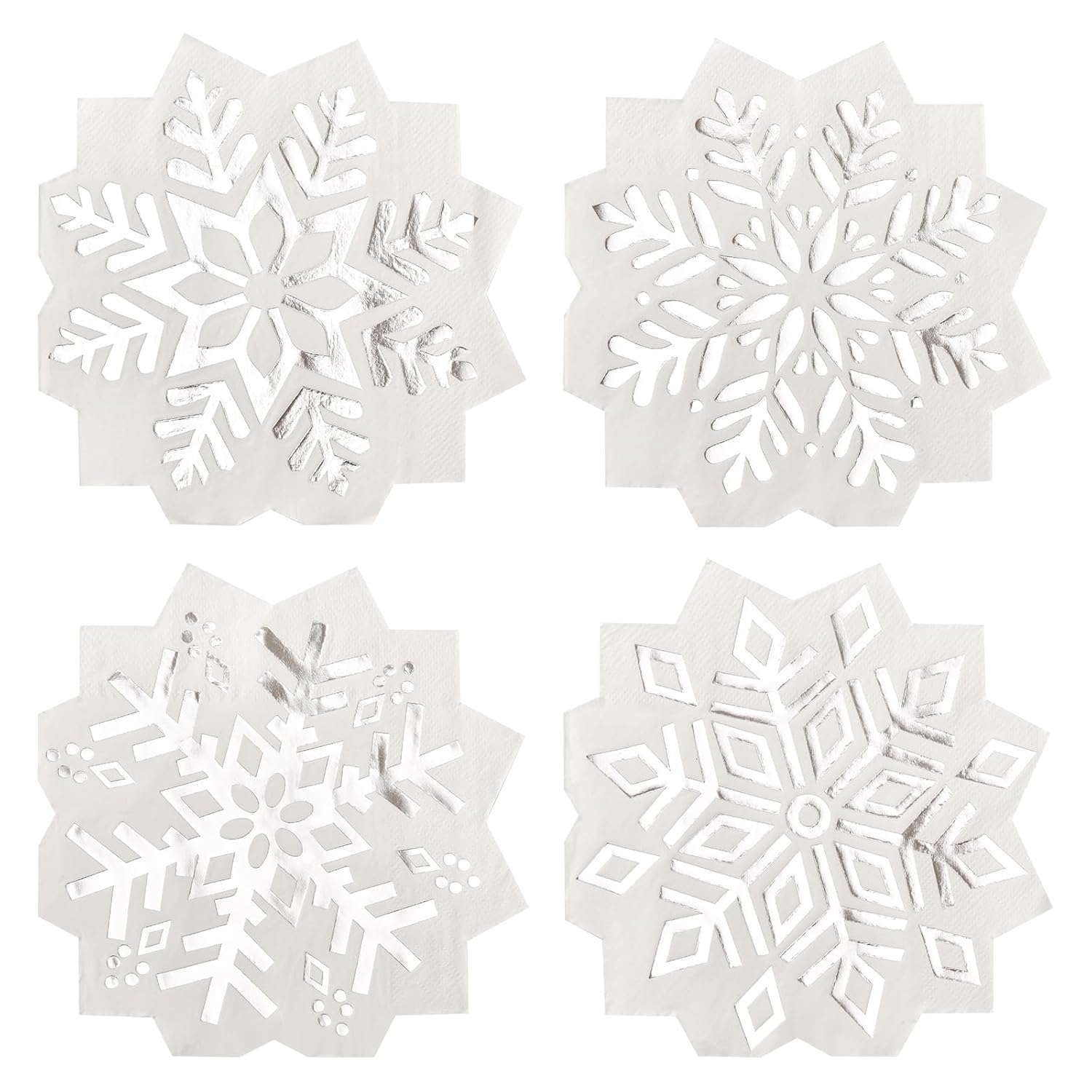 200 Pack Snowflake Paper Napkins Silver Foil Snowflake Disposable Luncheon Napkins For Winter Party Christmas Table Decor, 4 Design