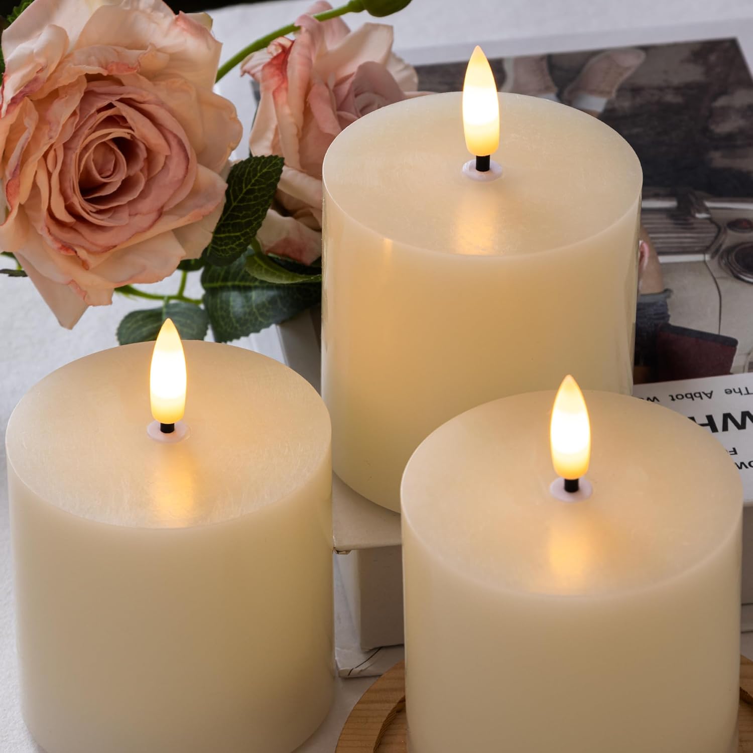 Ivory Flameless Candles Set Of 3, 3X3 Real Wax Battery Operated Candles With Remote And Timer, Led Pillar Candles Elegant Flickering Light For Wedding Table Centerpiece, Valentine Home Or Gift