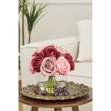 Silk Rose Artificial Flowers With Vase, Artificial Rose Flower Arrangement In Round Glass Vase With Faux Water For Home Dining Table Wedding Birthday Party Decor (Burgundy Red & Dusty Rose)