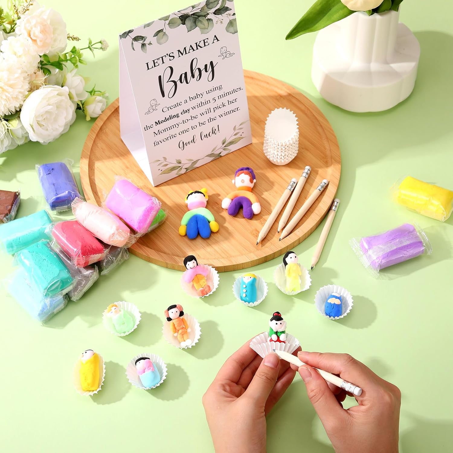 227 Pcs Eucalyptus Funny Baby Shower Games Set Decorations Let'S Make A Baby Modeling Clay Game Sign Kit 108 Modeling Clay 108 Cupcake Liners 10 Pencils For Gender Reveal Game Adult Art Diy