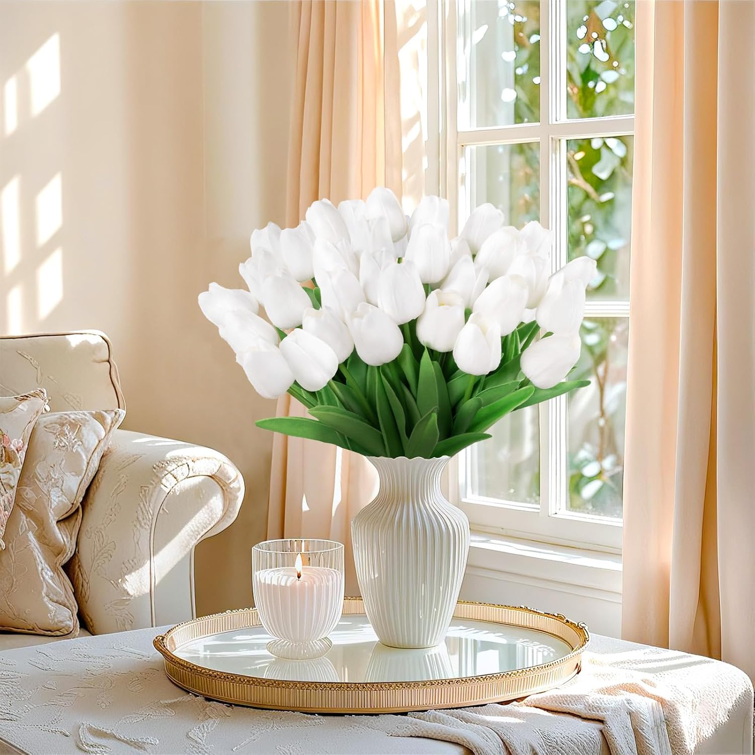 30Pcs Fake Tulips Artificial Flowers With Stems Faux Tulips Bouquet Real Touch Flower For Wedding Home Kitchen Spring Easter Mother'S Day Floral Arrangement Decor (White)
