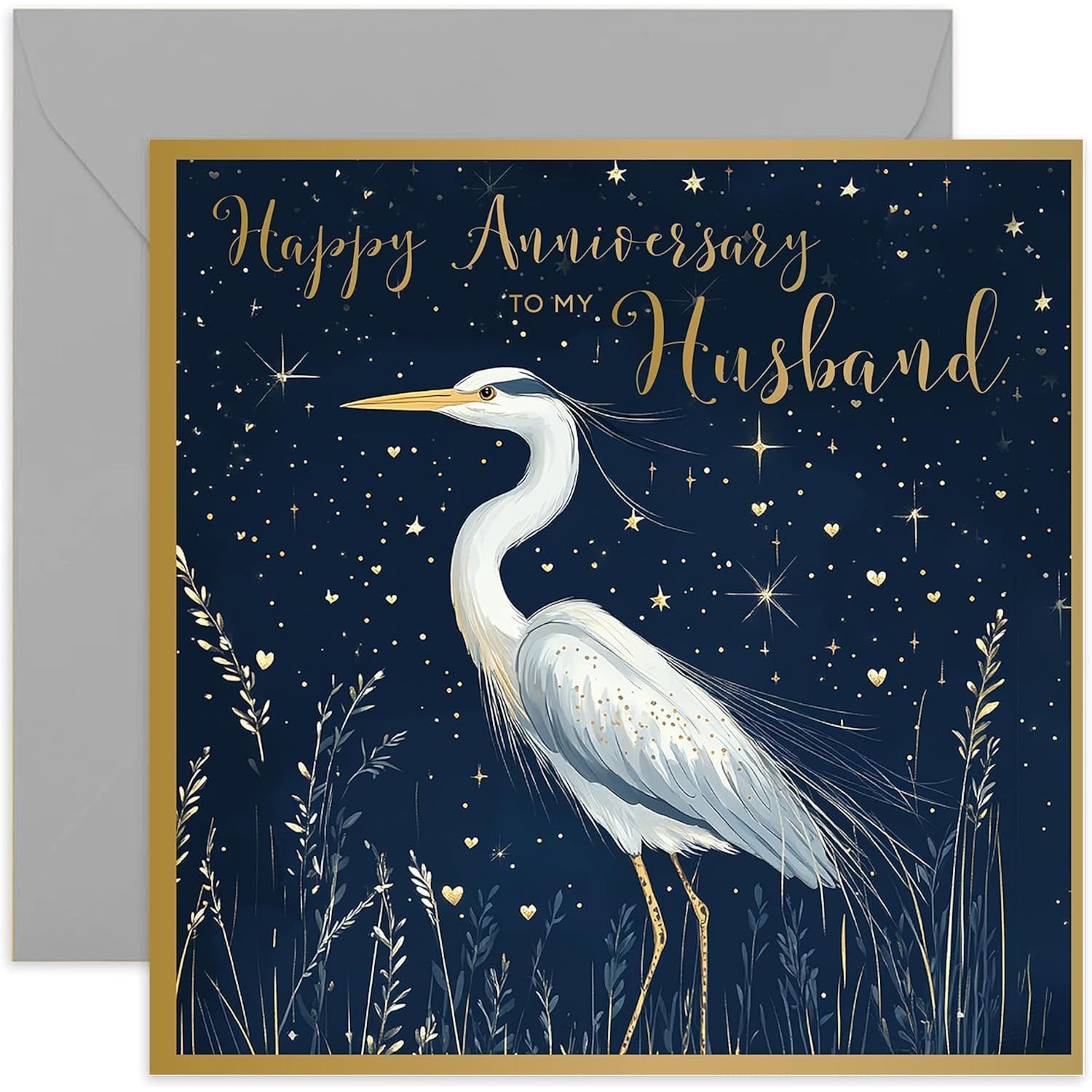 Beautiful Gold Anniversary Cards For Husband - Wonderful Golden Heron - Elegant Traditional Pretty Wedding Anniversary Card For Men Him - Blank Inside With Envelope