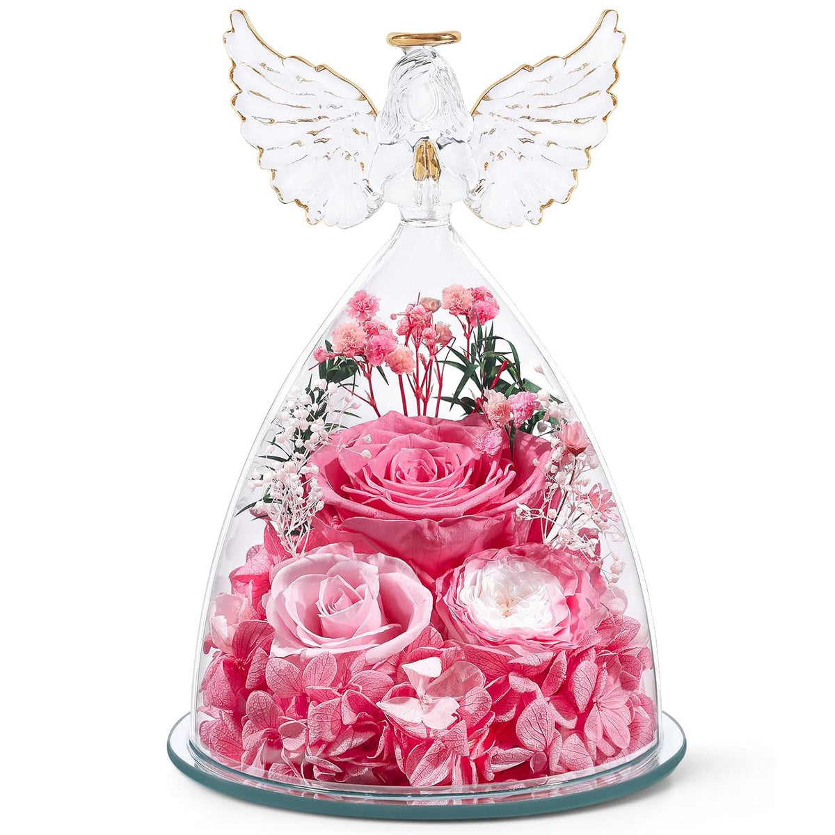 Gifts For Mom Women Birthday Preserved Rose In Glass Angel Figurine Forever Fresh Flower Delivery For Valentine’S Day & Mother’S Day, Real Eternal Roses For Her Grandma Wife Daughter Pink