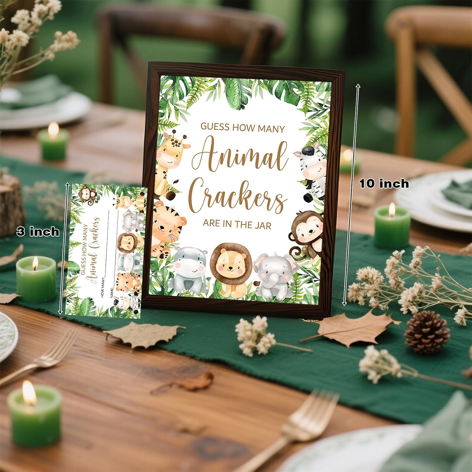 Jungle Animal Theme Guess How Many Animal Crackers Baby Shower Game, Safari Theme Party Decoration, 1 Standing Sign And 50 String Card For Baby Shower Supplies
