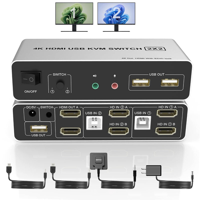 Hdmi Kvm Switch Dual Monitor 2 Computers, Support Edid, 4K@60Hz Extended Displ