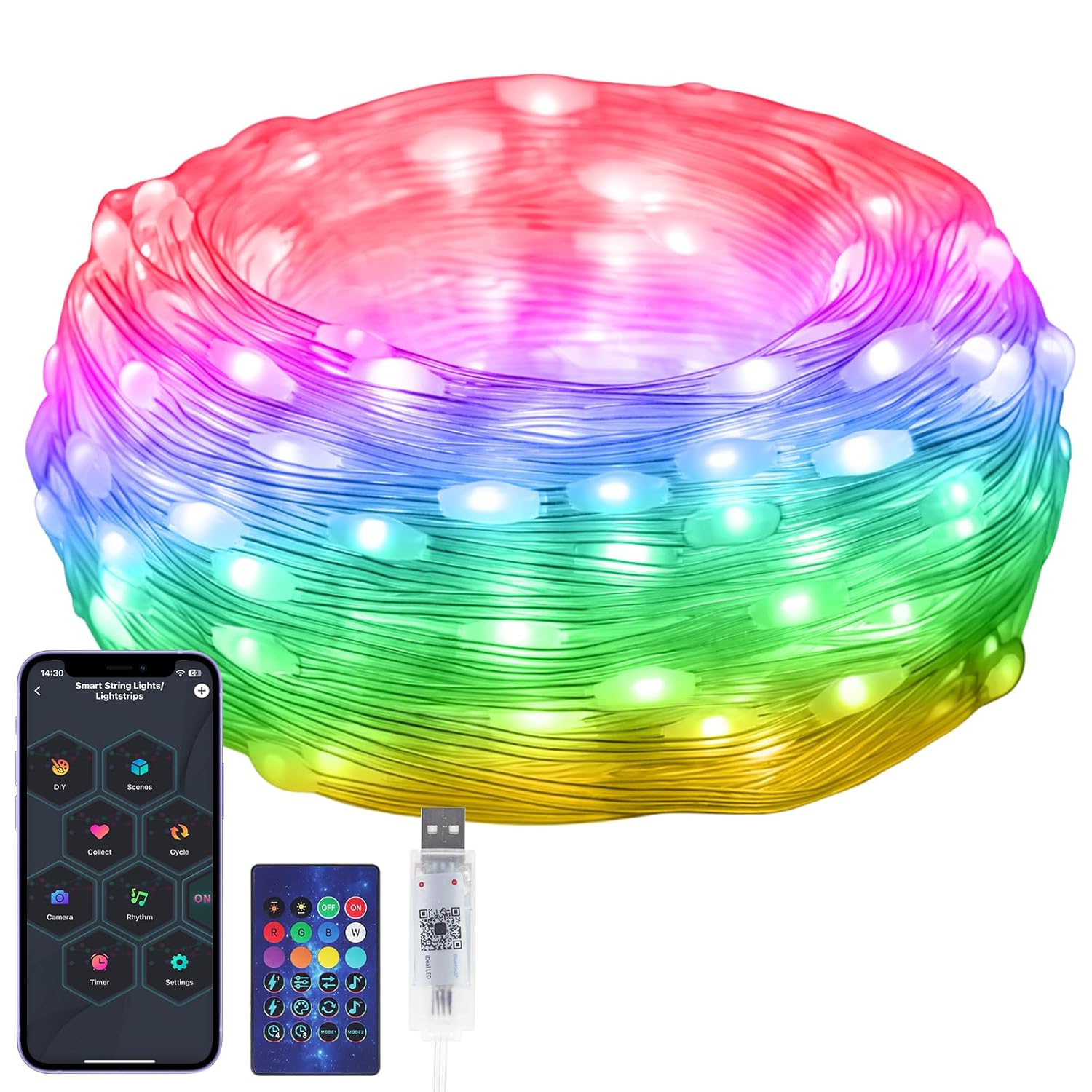 Rgb Smart Ic String Lights 16Ft/5M [App & Remote Control], 50 Leds Multicolor Fairy Lights, Usb Powered & Ip65 Waterproo