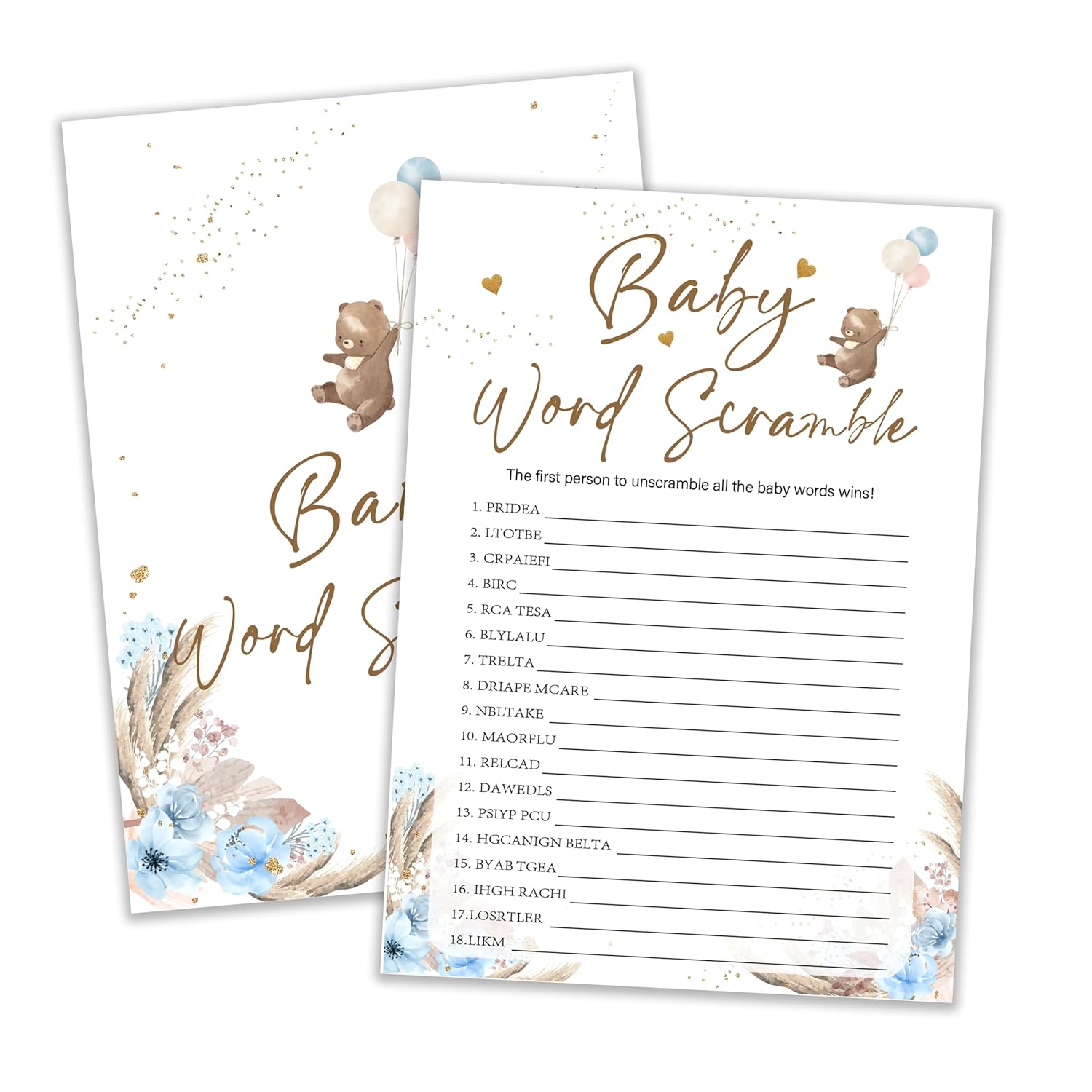 Baby Shower Games, Bear Themed Blue Word Scramble Cards For 25 Players, Gender Neutral Party Activities