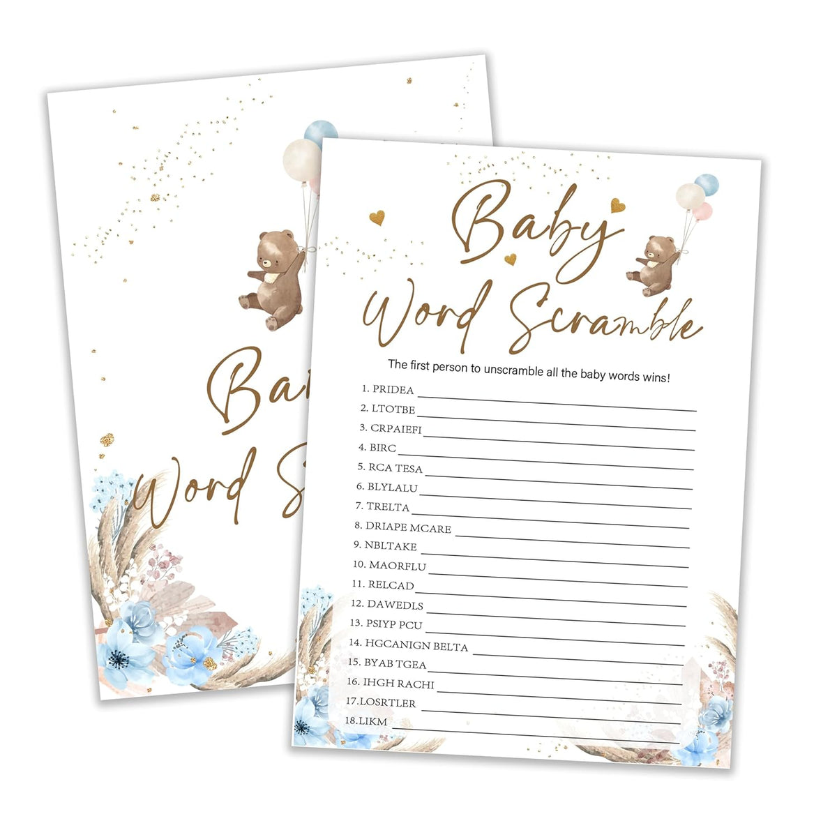 Baby Shower Games, Bear Themed Blue Word Scramble Cards For 25 Players, Gender Neutral Party Activities