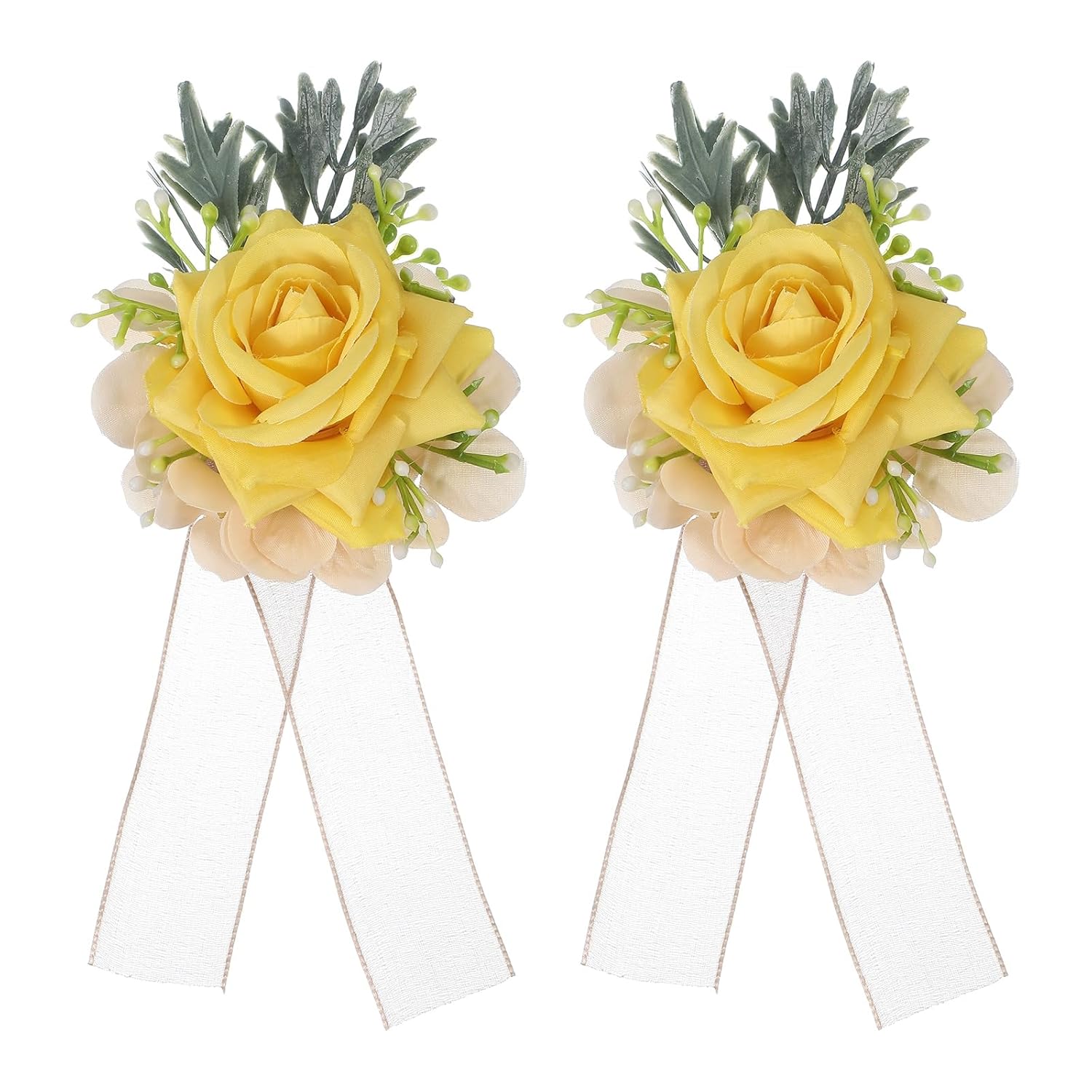 uxcell 2 Pcs Yellow Flower Wrist Corsage Bracelets, Artificial Flowers Corsage Wristlet for Wedding Bride Groom Ceremony Anniversary Prom Party