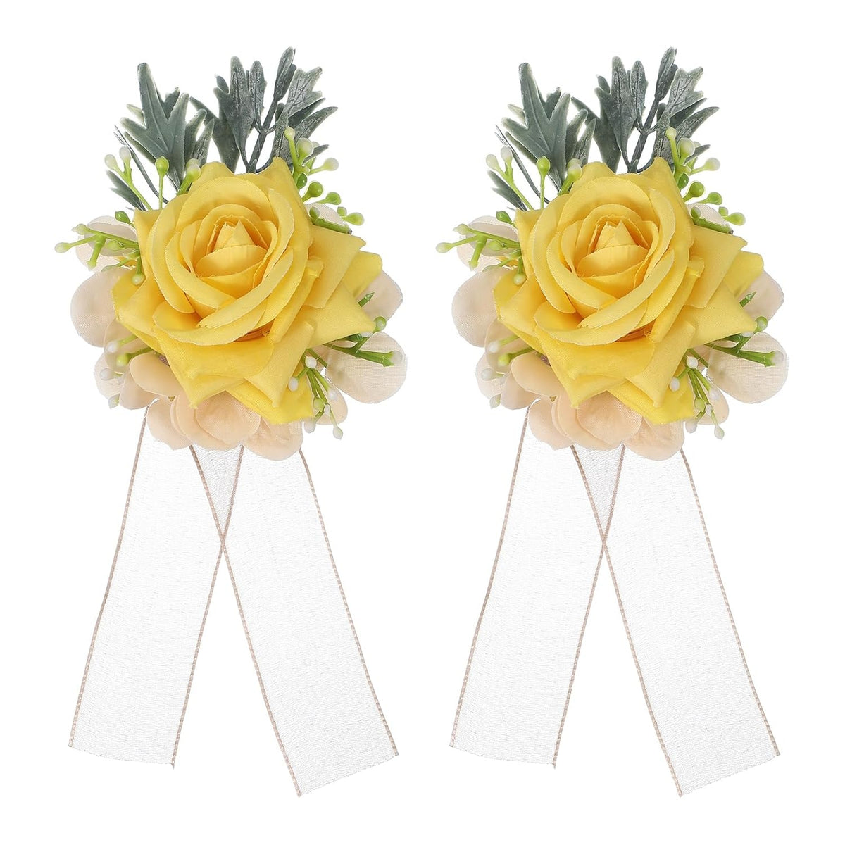 uxcell 2 Pcs Yellow Flower Wrist Corsage Bracelets, Artificial Flowers Corsage Wristlet for Wedding Bride Groom Ceremony Anniversary Prom Party