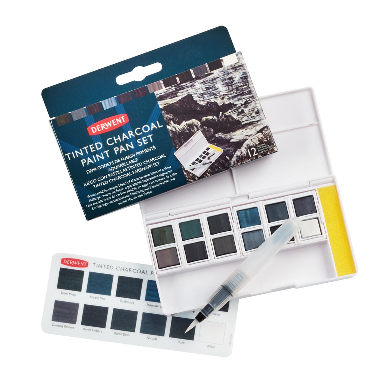 Derwent Tinted Charcoal Paint Pan Set, 12 Paints, Professional Quality, Water Soluble, Blendable, Portable, Includes Palettes, Mini Waterbrush & Cleaning Sponge (2305872)