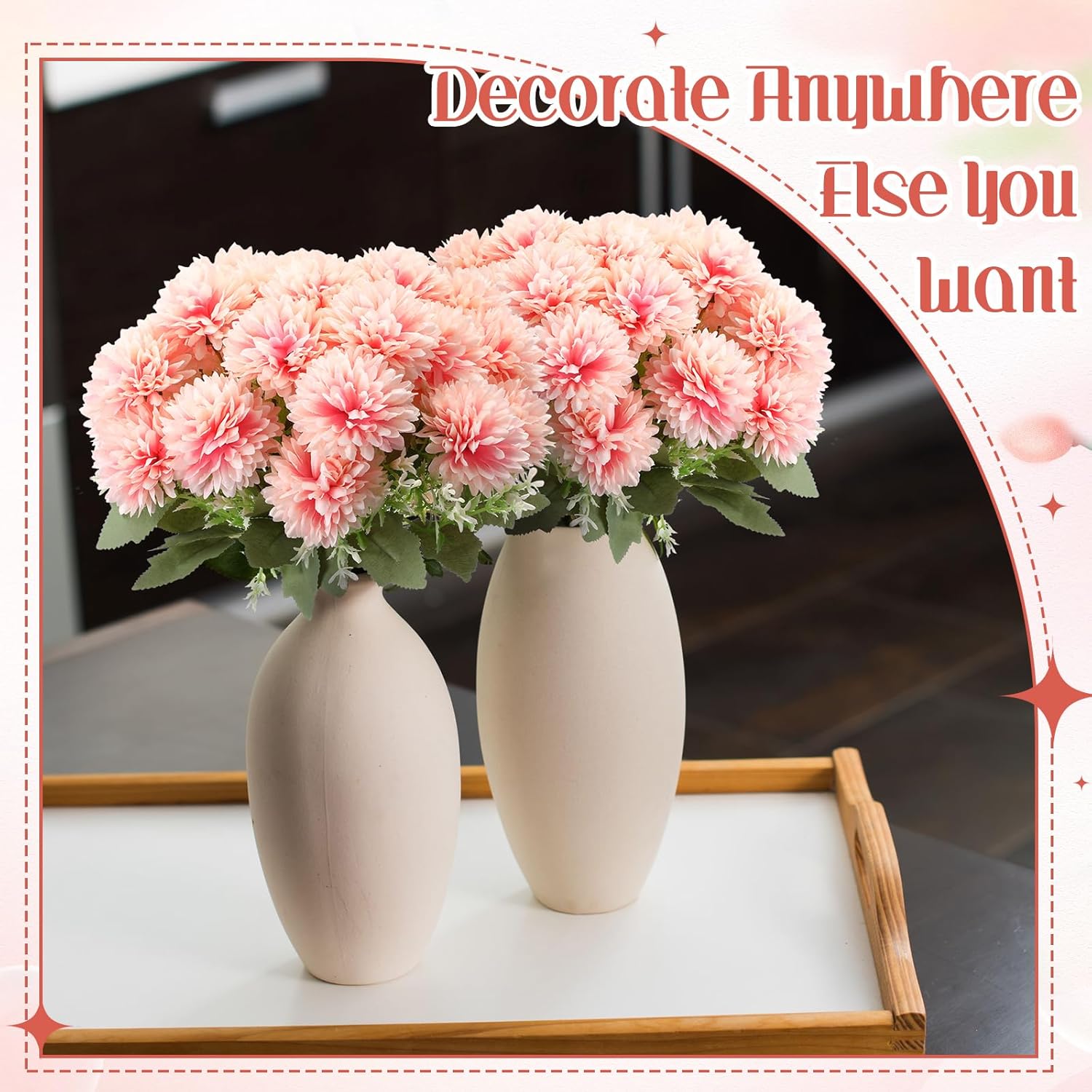 24 Heads Artificial Chrysanthemums Flowers Bouquets Silk Chrysanthemum Ball Fake Mum Artificial Mums For Outdoors Faux Silk Ball Flower For Home Table Centerpieces Decor (Champagne Pink)