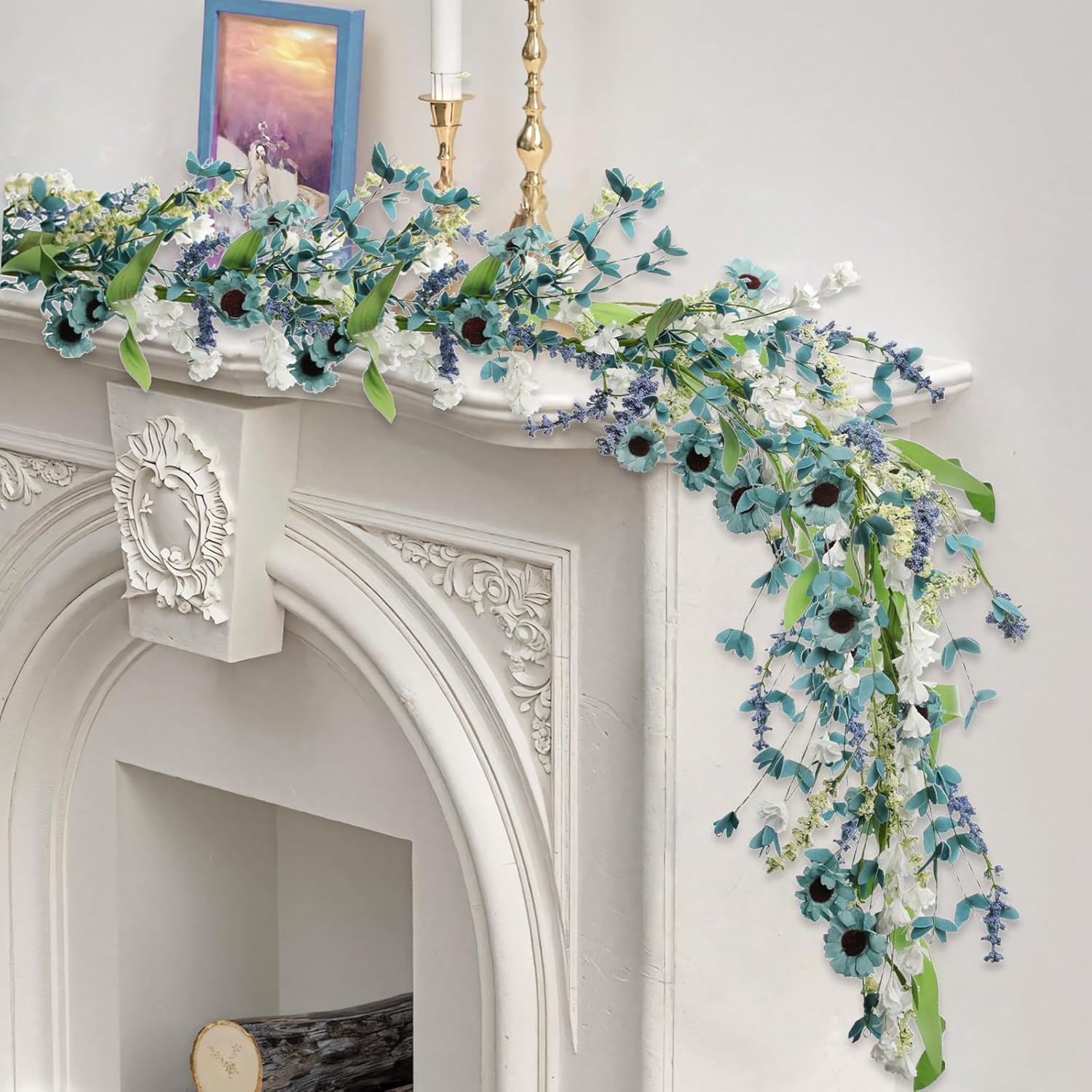 6Ft Blue Flower Garland Fake Flowers Vines Faux Artificial Floral Garland Summer Spring Wreath Blueness With Green Leaves Wreaths Blue Daisy Artificial Grains Flower Wreath For Front Door Wreaths