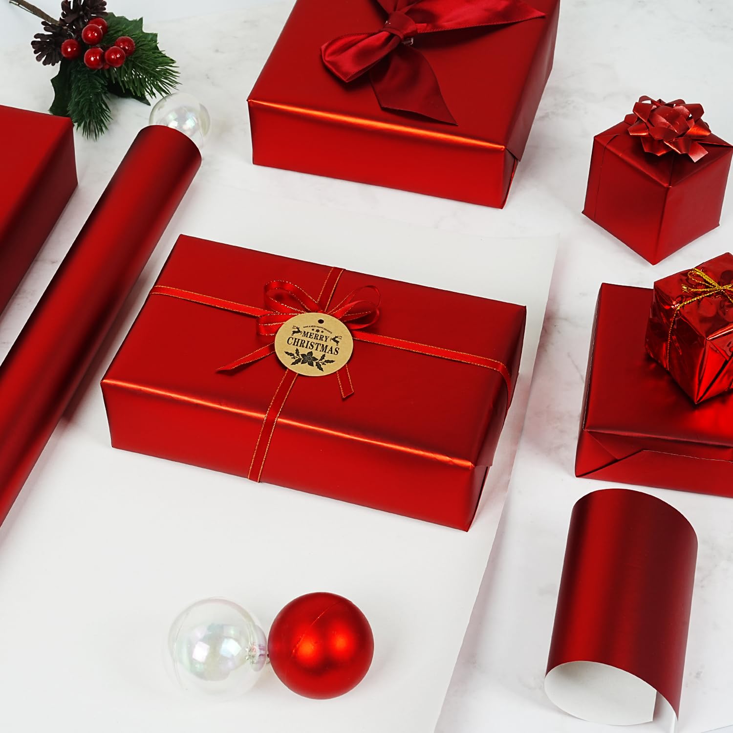 Red Metallic Wrapping Paper Roll, Solid Color Matte Gift Wrap Paper, Red Gift Wrapping Paper For Christmas Birthday Valentine'S Day Wedding New Year Holiday, 17 Inch X 33 Feet