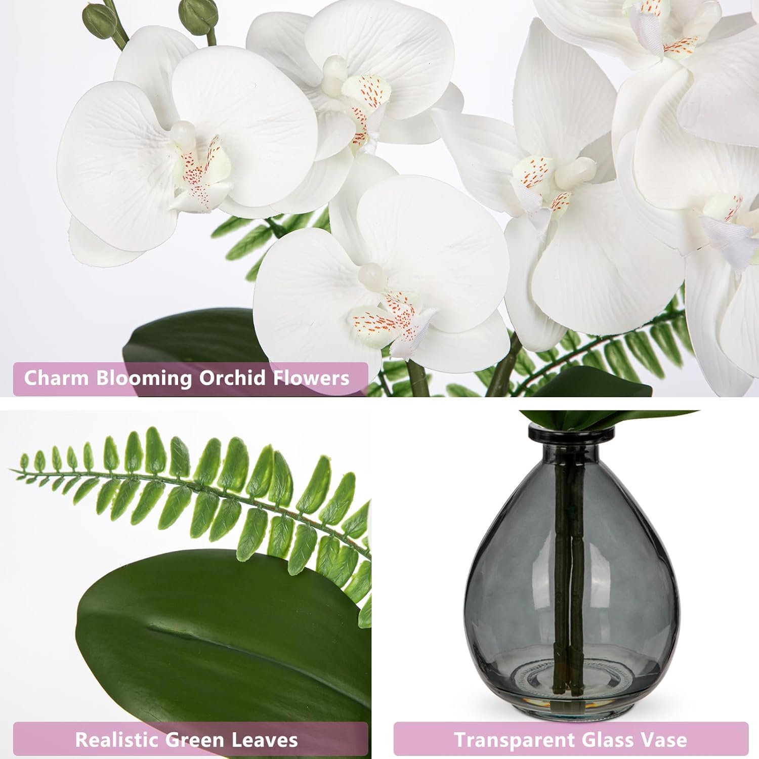 White Orchids Artificial Flowers, Faux Orchid In Glass Vase Real Touch Small Phalaenopsis Orchid Flowers Arrangements With Black Vase Orchids Centerpiece For Dining Room Table
