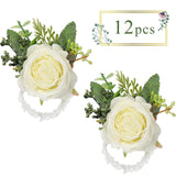 12 Pcs Rose Wrist Corsage Bracelets Wedding Bridal Wrist Artificial Flower Wristband Flower Hand Decor For Bride Bridesmaid Homecoming Prom Party Decor(White Elegant)