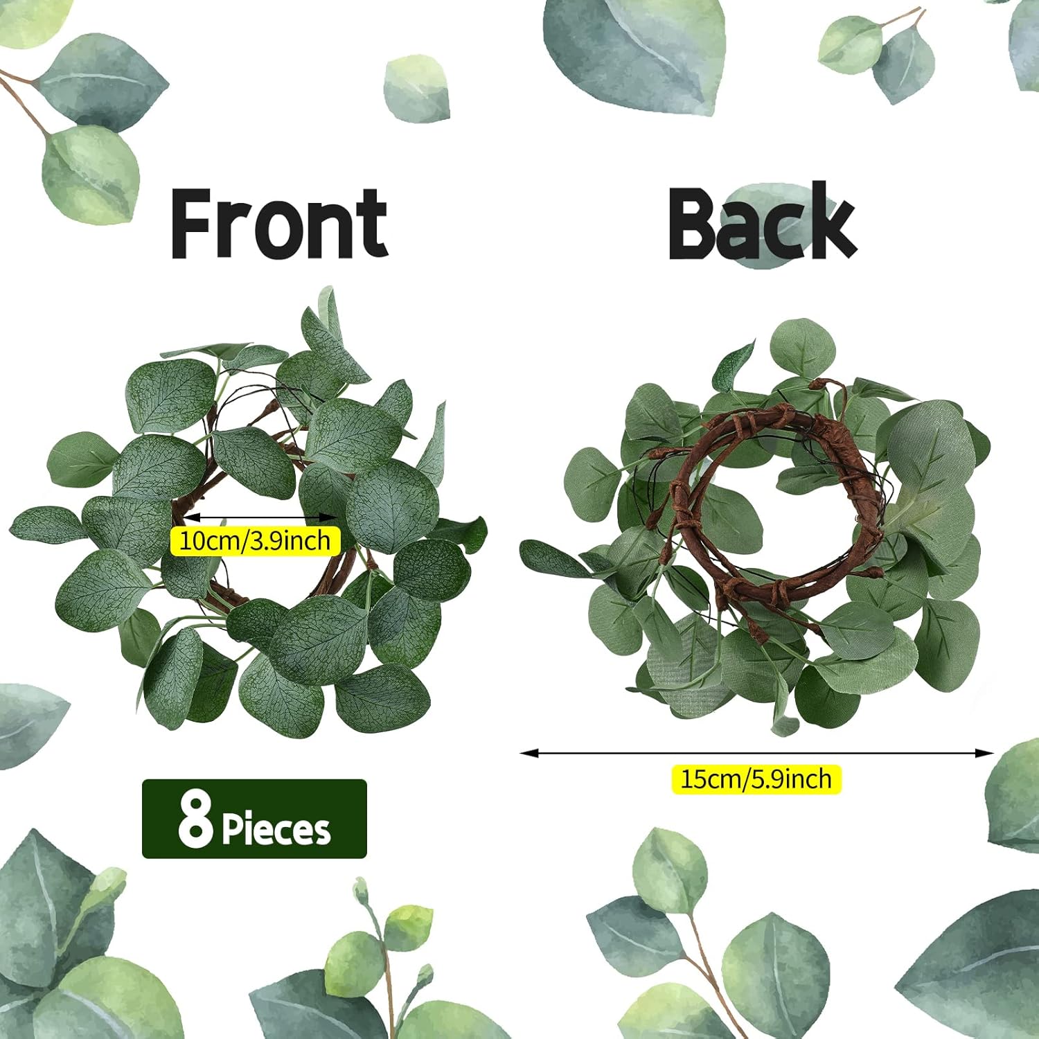 8 Pcs Candle Rings Artificial Eucalyptus Leaves Wreaths Candle Rings Wreaths Greenery Wreath Candle Rings For Pillars Boho Wreath Pillar Candleholders For Wedding Party Home Table Door (,)