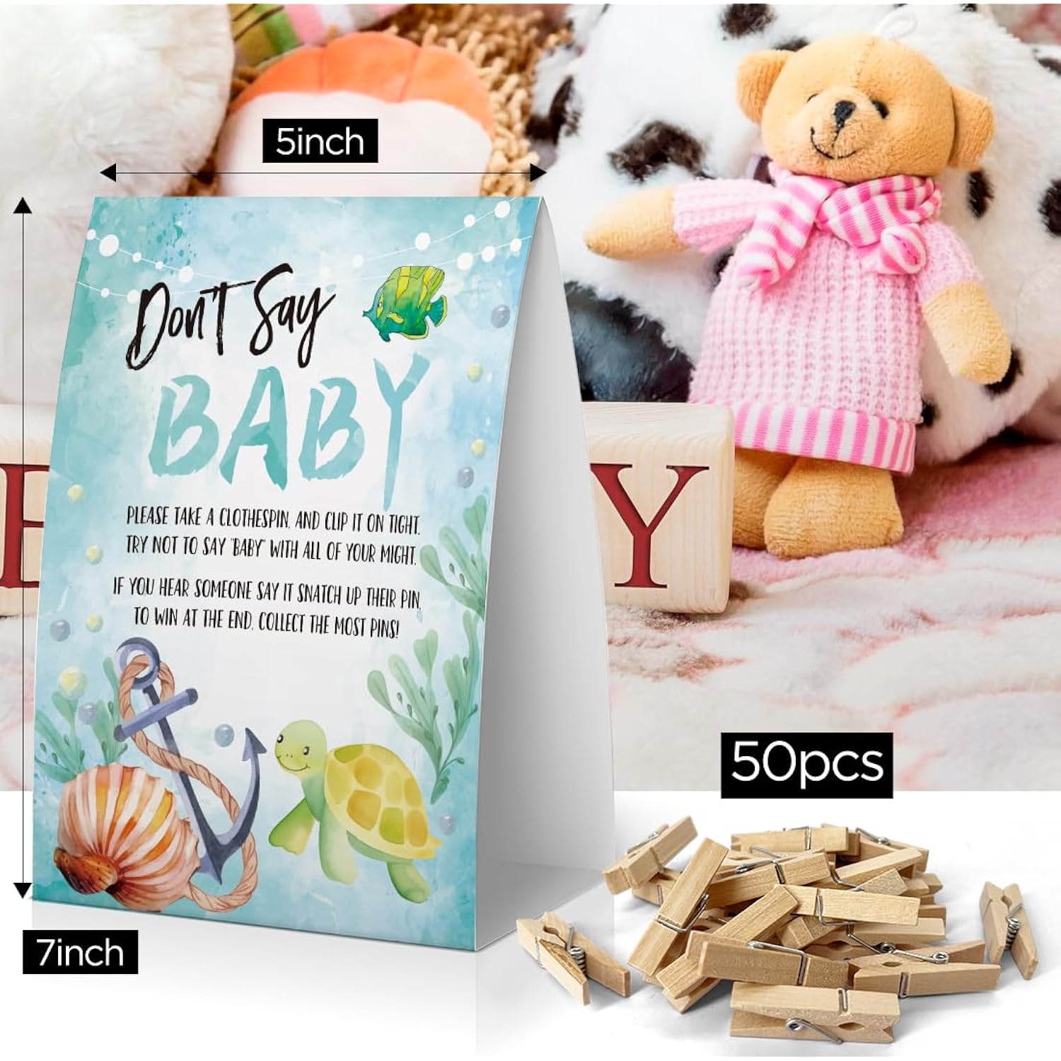 Don'T Say Baby Baby Shower Game, Ocean Baby Shower Decoration, Sea Turtle Don'T Say Baby Sign, Fun Baby Shower Games, Clothespins For Baby Shower-Dsba40